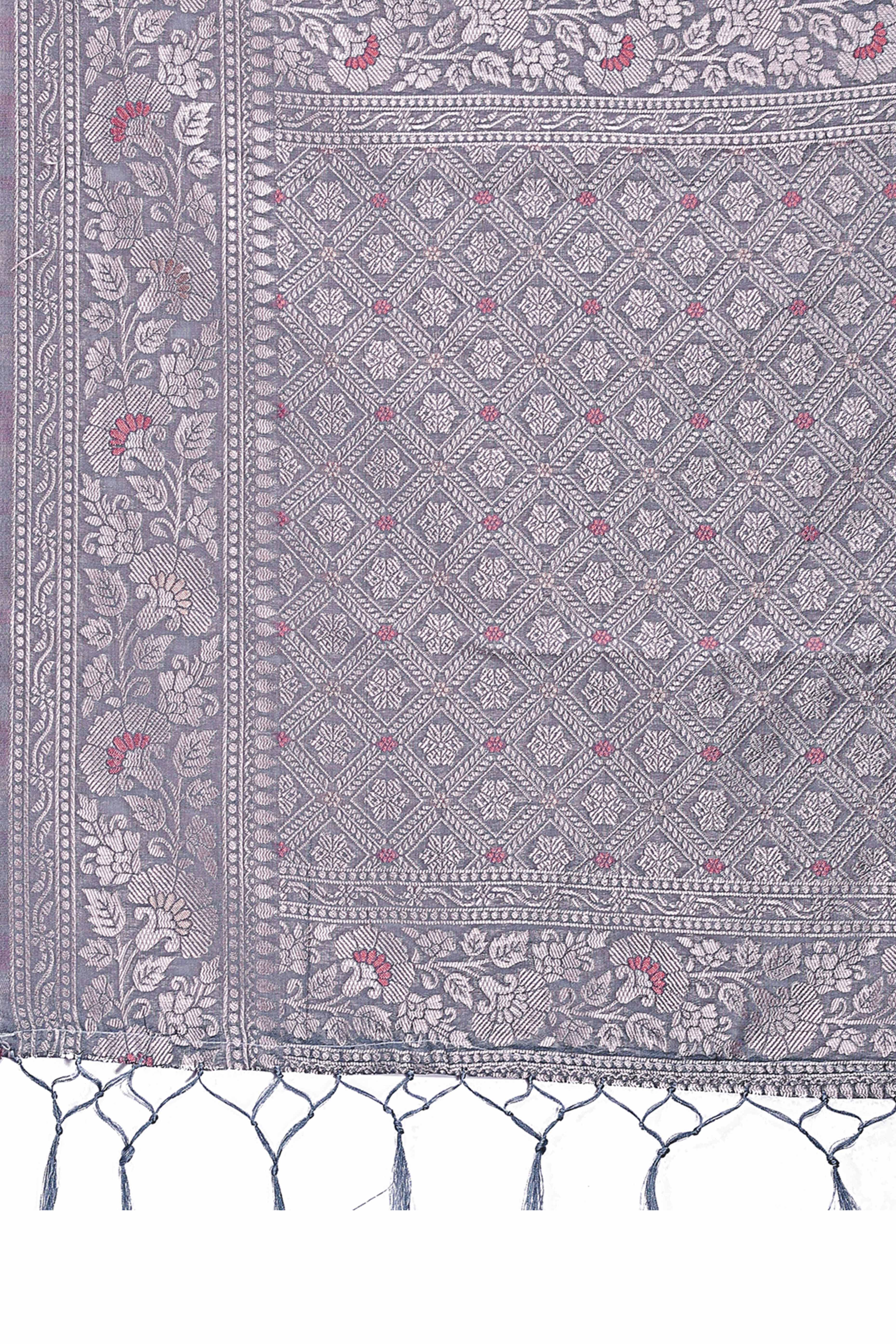 Grey Cotton Blend Saree with Banarasi Style Floral Weaving and Tassels