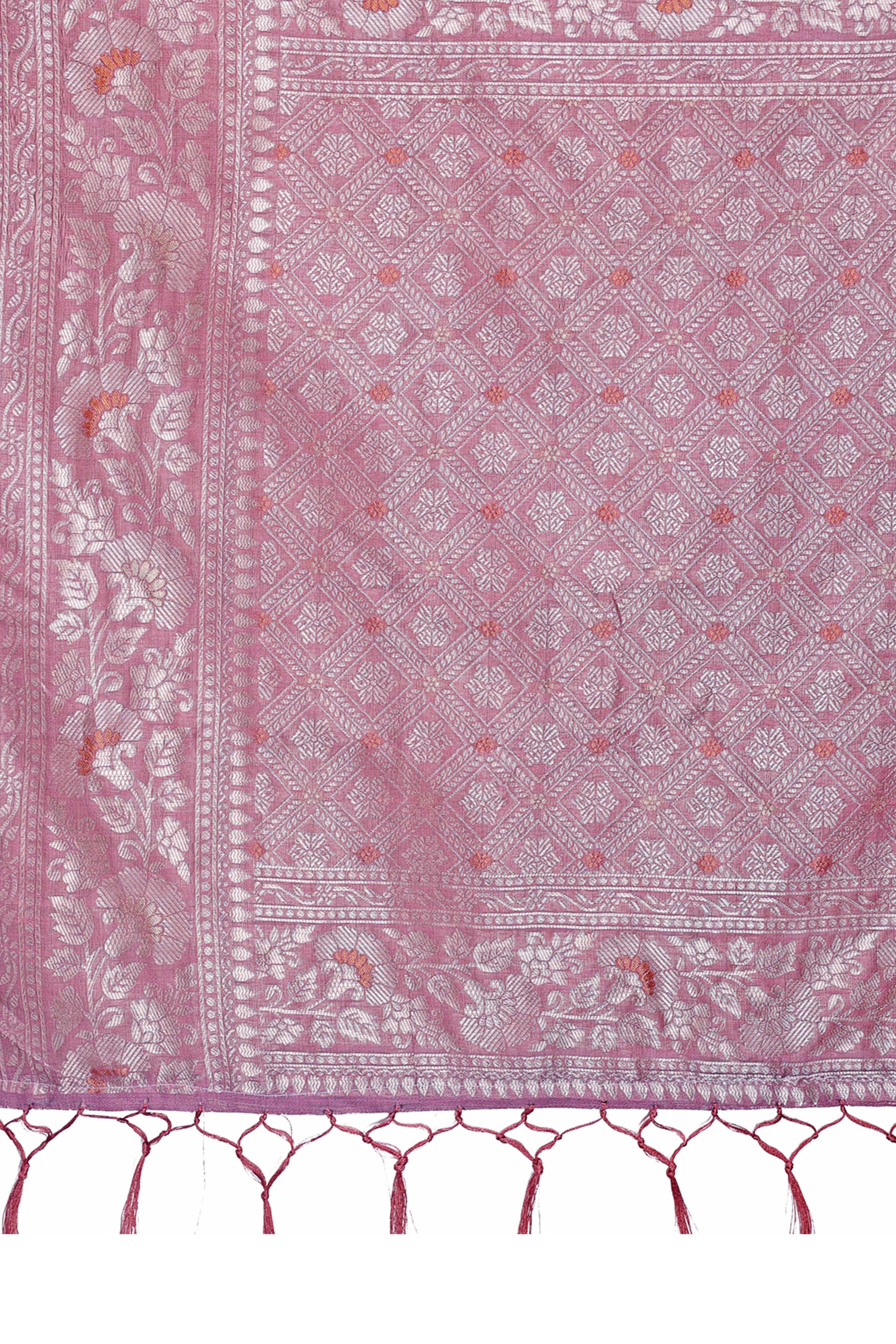 Dusty Mauve Cotton Blend Saree with Banarasi Style Floral Elegance and Tassels