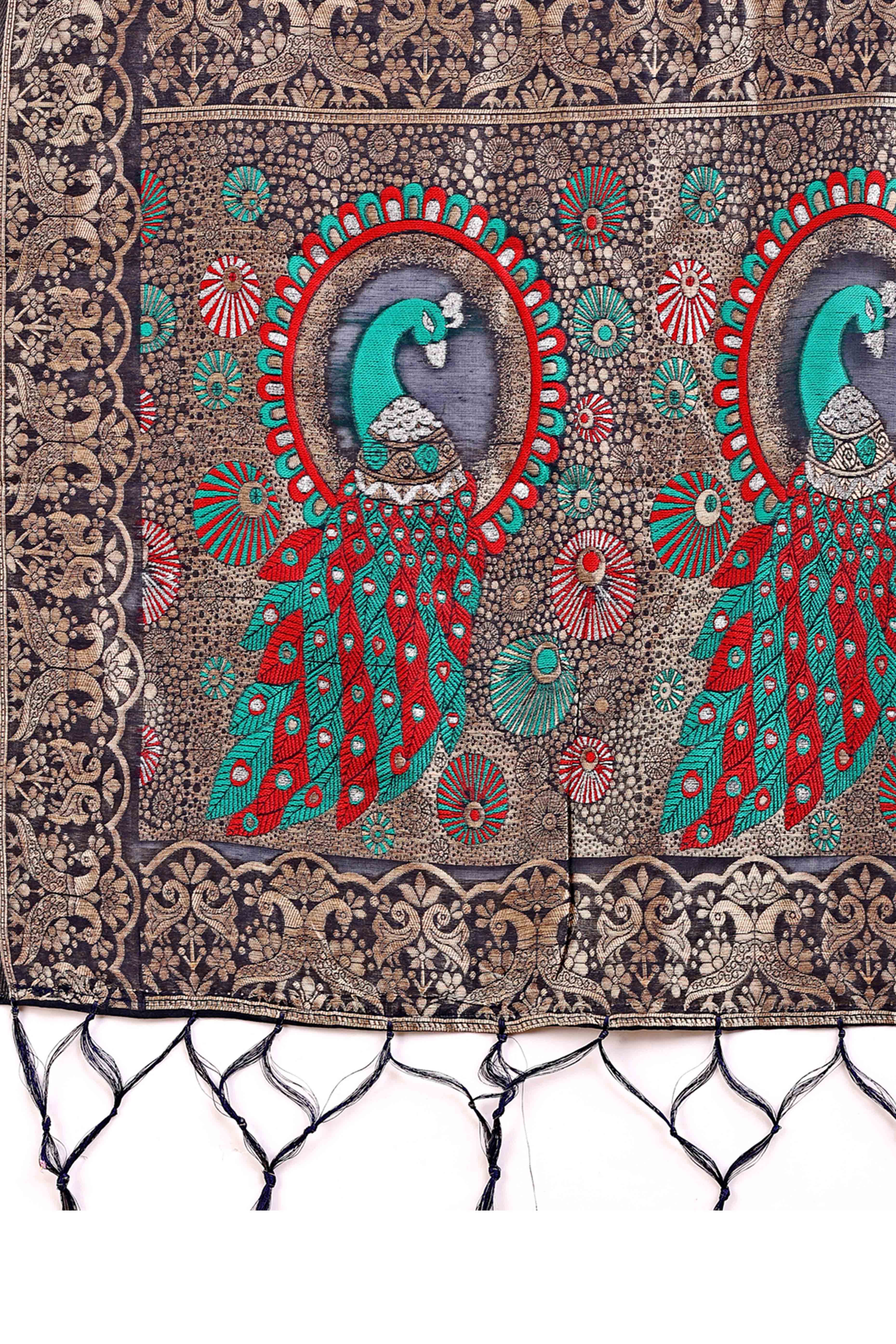 Navy Blue Floral Zari Weaving Embellished Linen Cotton Saree With Tassel Accents