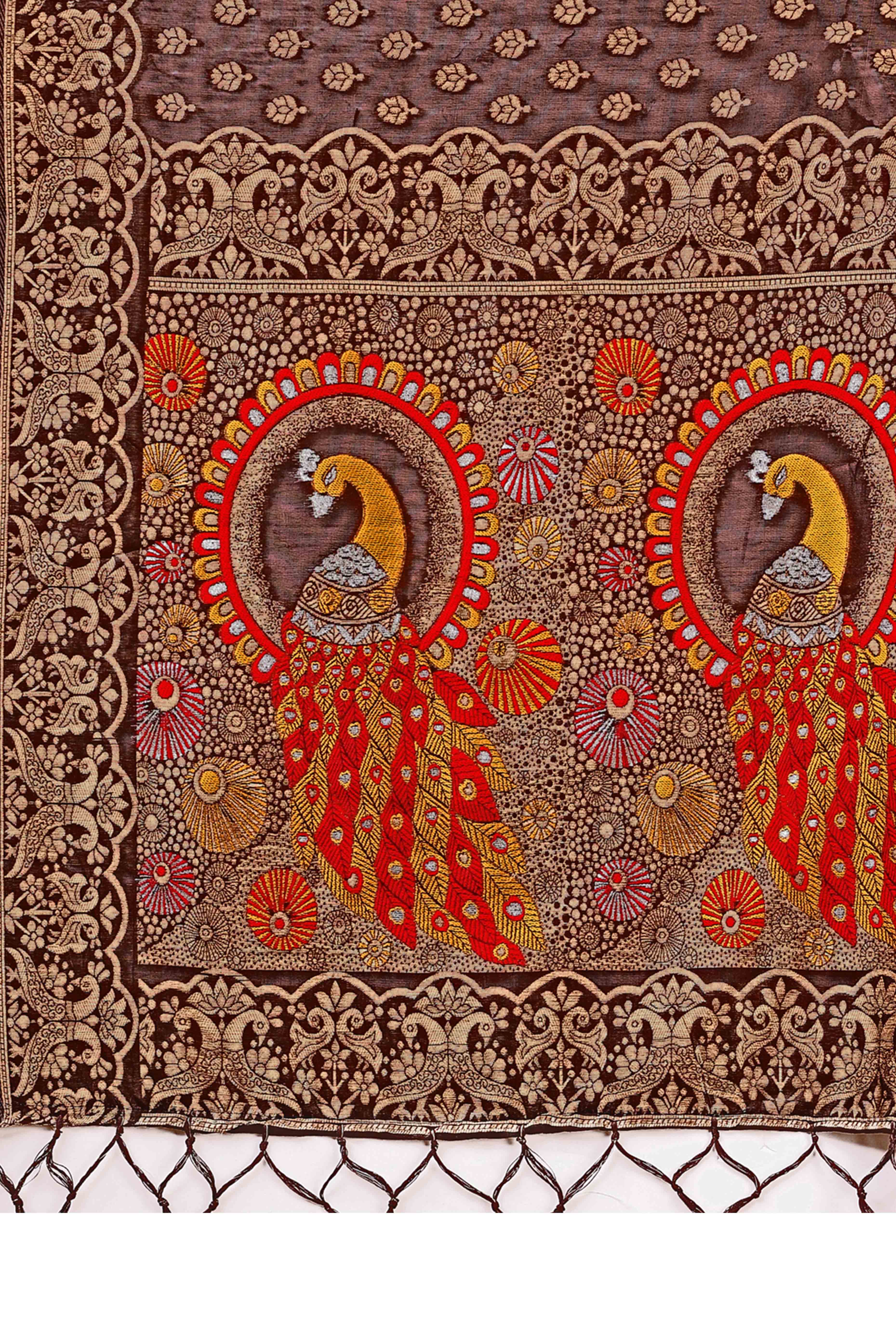 Brown Floral Zari Weaving Embellished Linen Cotton Saree With Tassel Accents