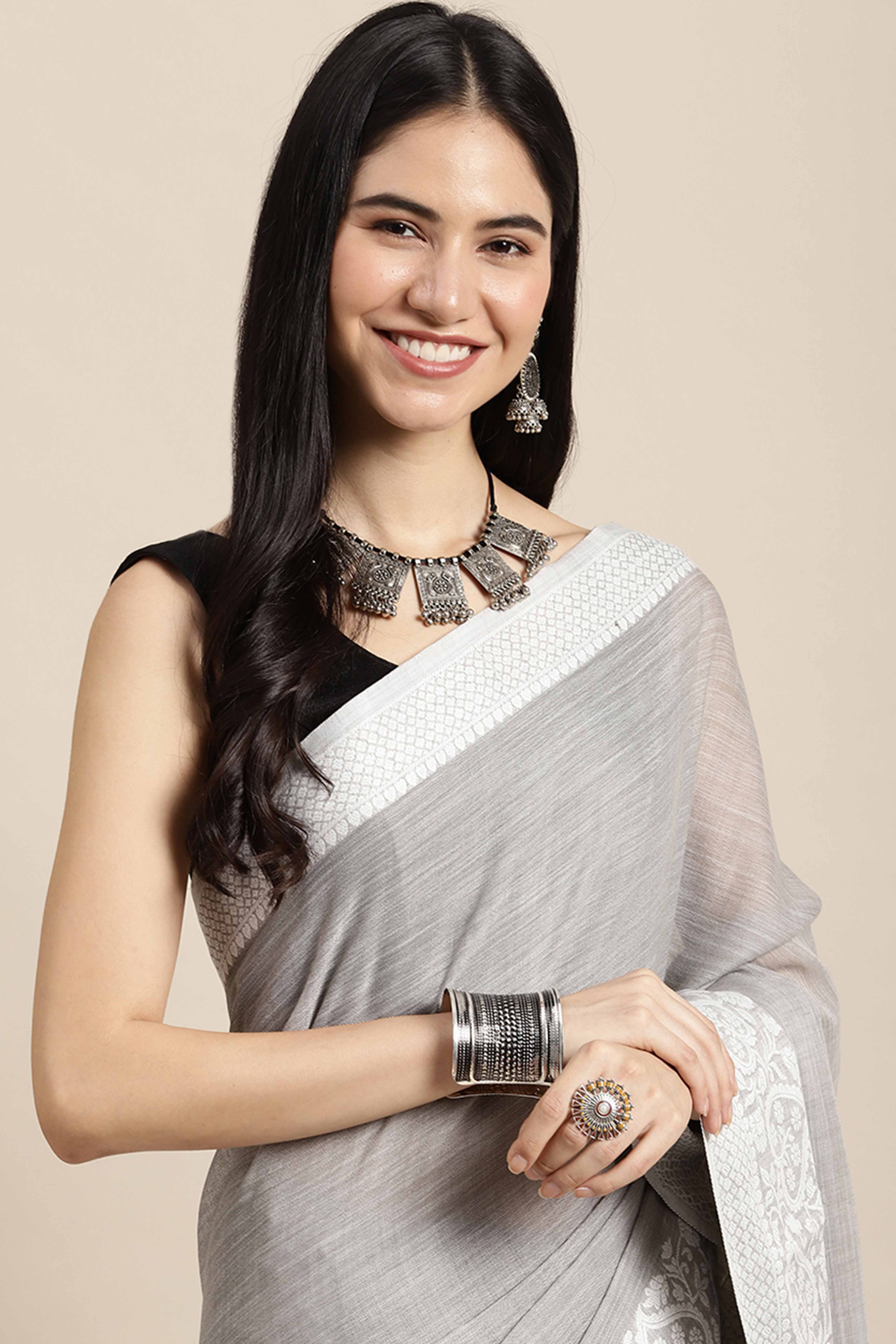 Grey Festive Linen Weaving Saree with Silver Zari Border & Pallu