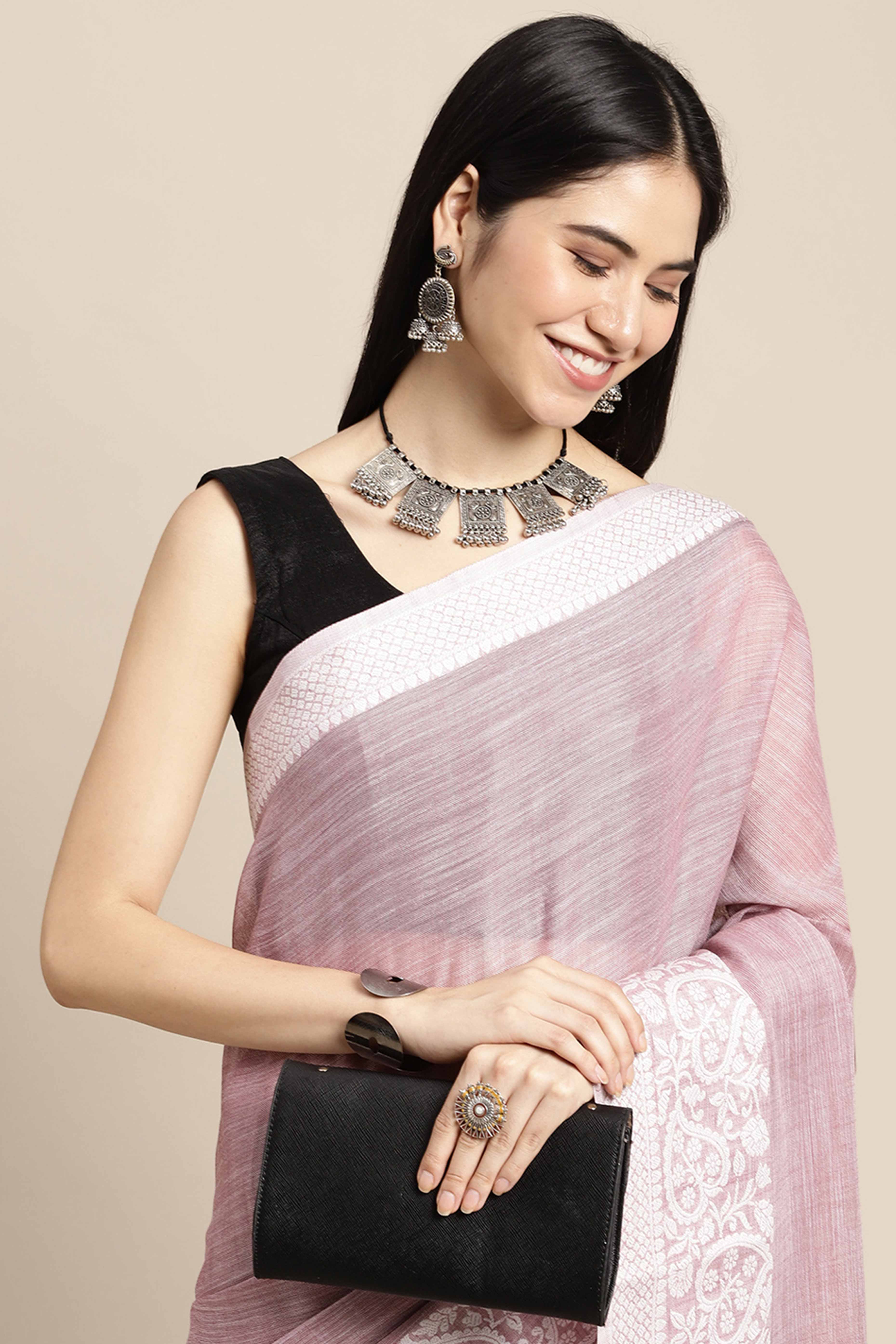 Purple Festive Linen Weaving Saree with Silver Zari Border & Pallu