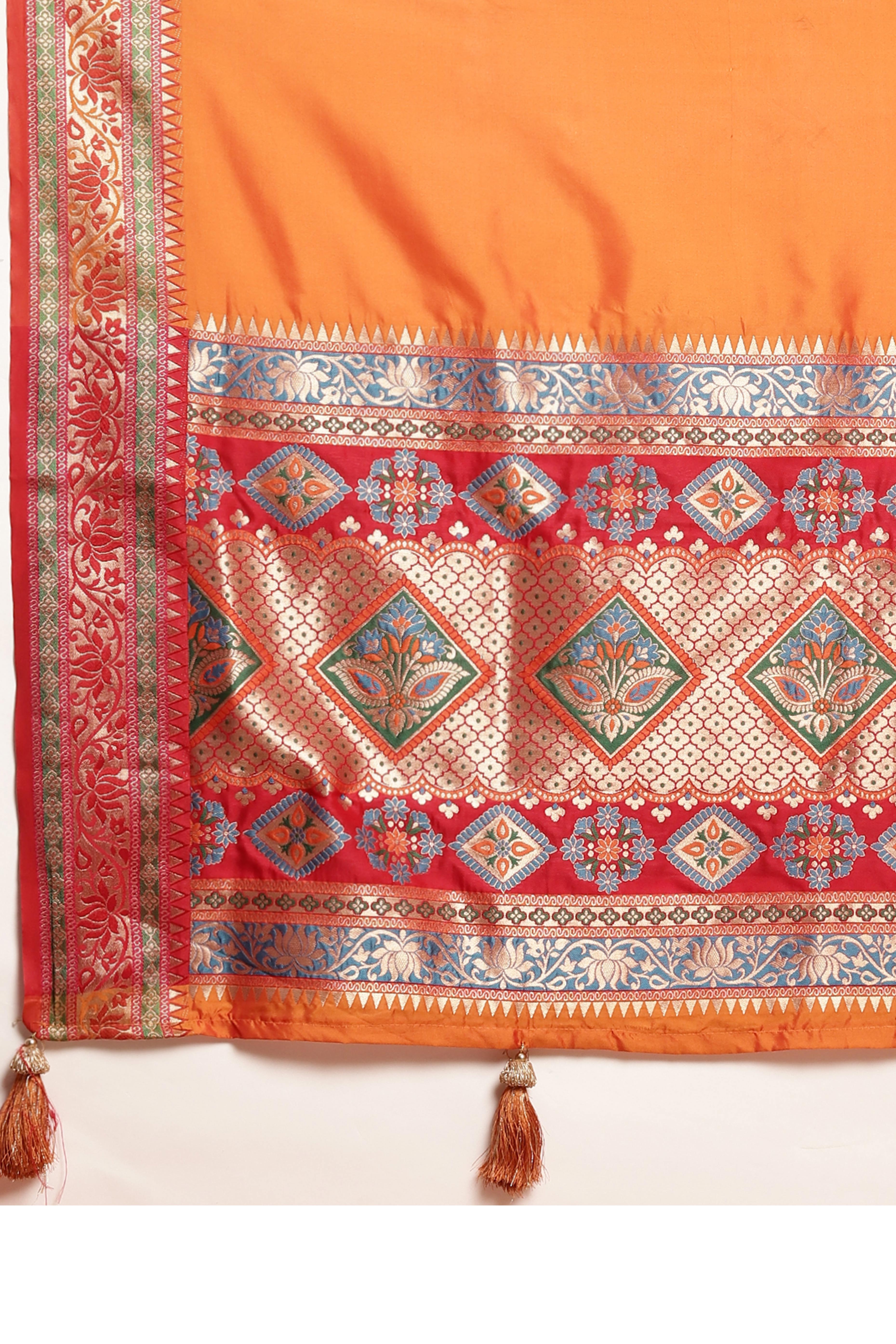 Graceful Orange Solid Saree Highlighted With Floral Zari Weaving On Silk Blend & Tassel Pallu