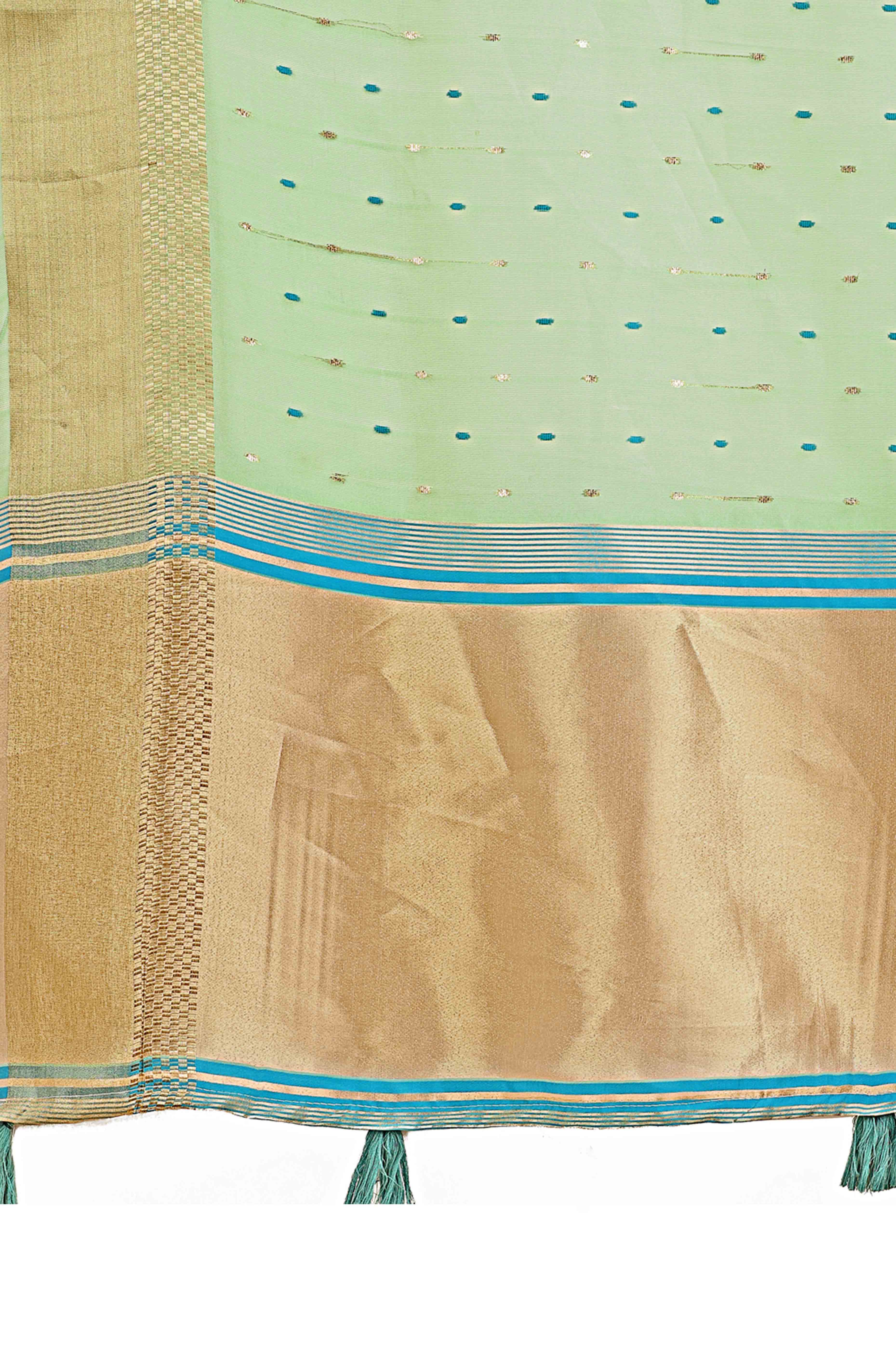 Pista Green Organza Saree Adorned With Fine Zari Weaving & Stylish Tassel Edging