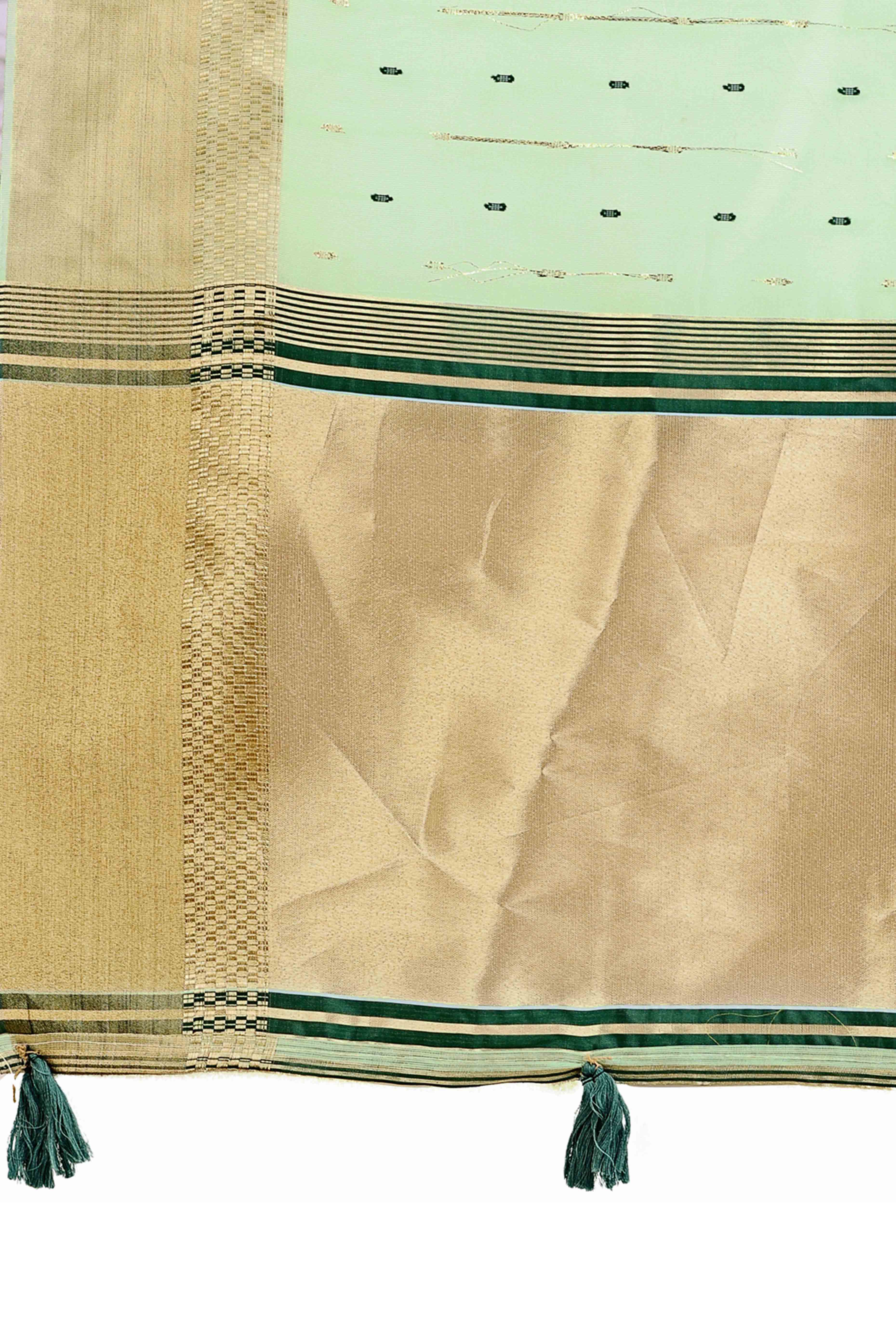 Sea Green Organza Saree Adorned With Fine Zari Weaving & Stylish Tassel Edging