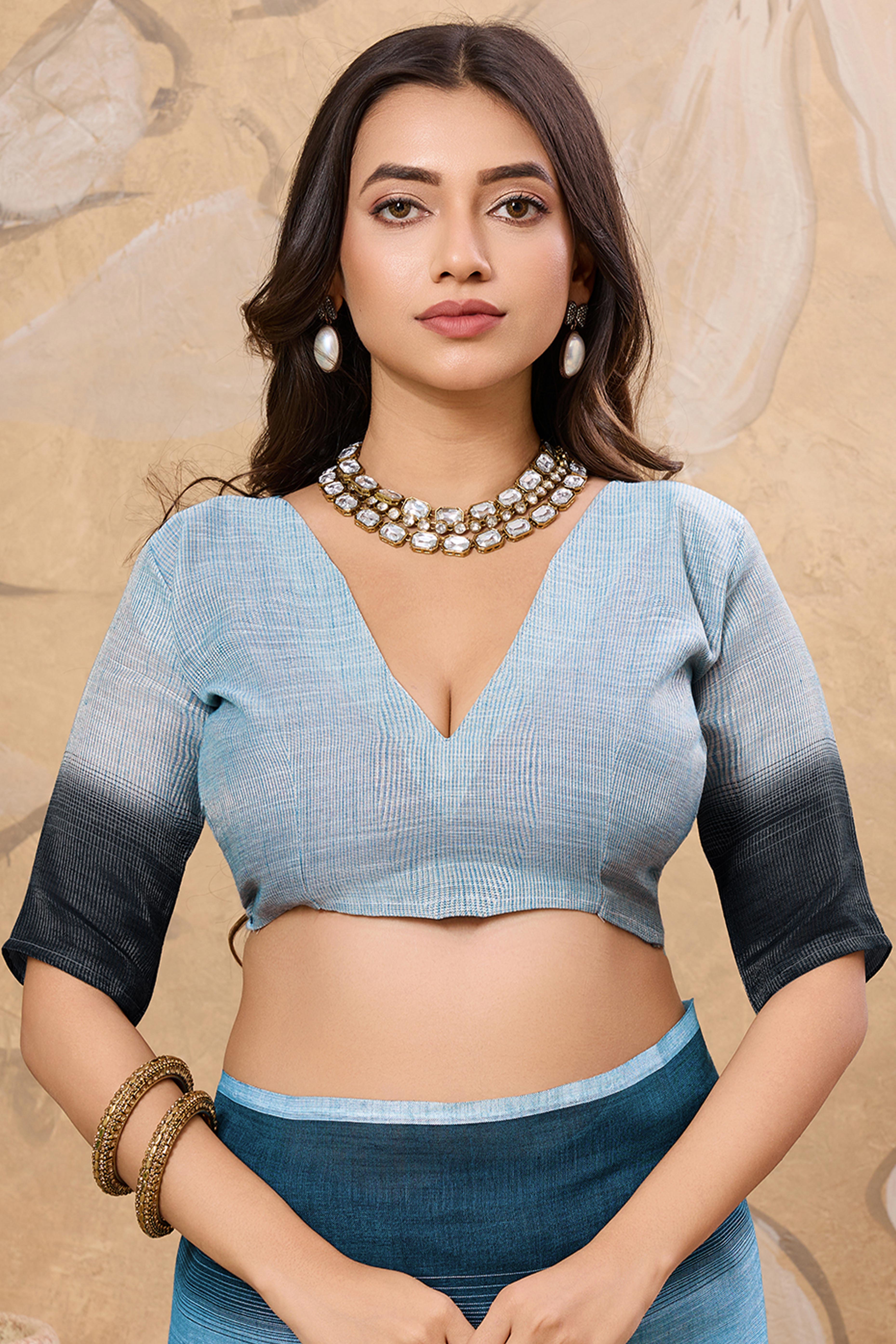 Stylish Sky Blue Linen Saree With Zari Weaving Work & Tassel Pallu Charm