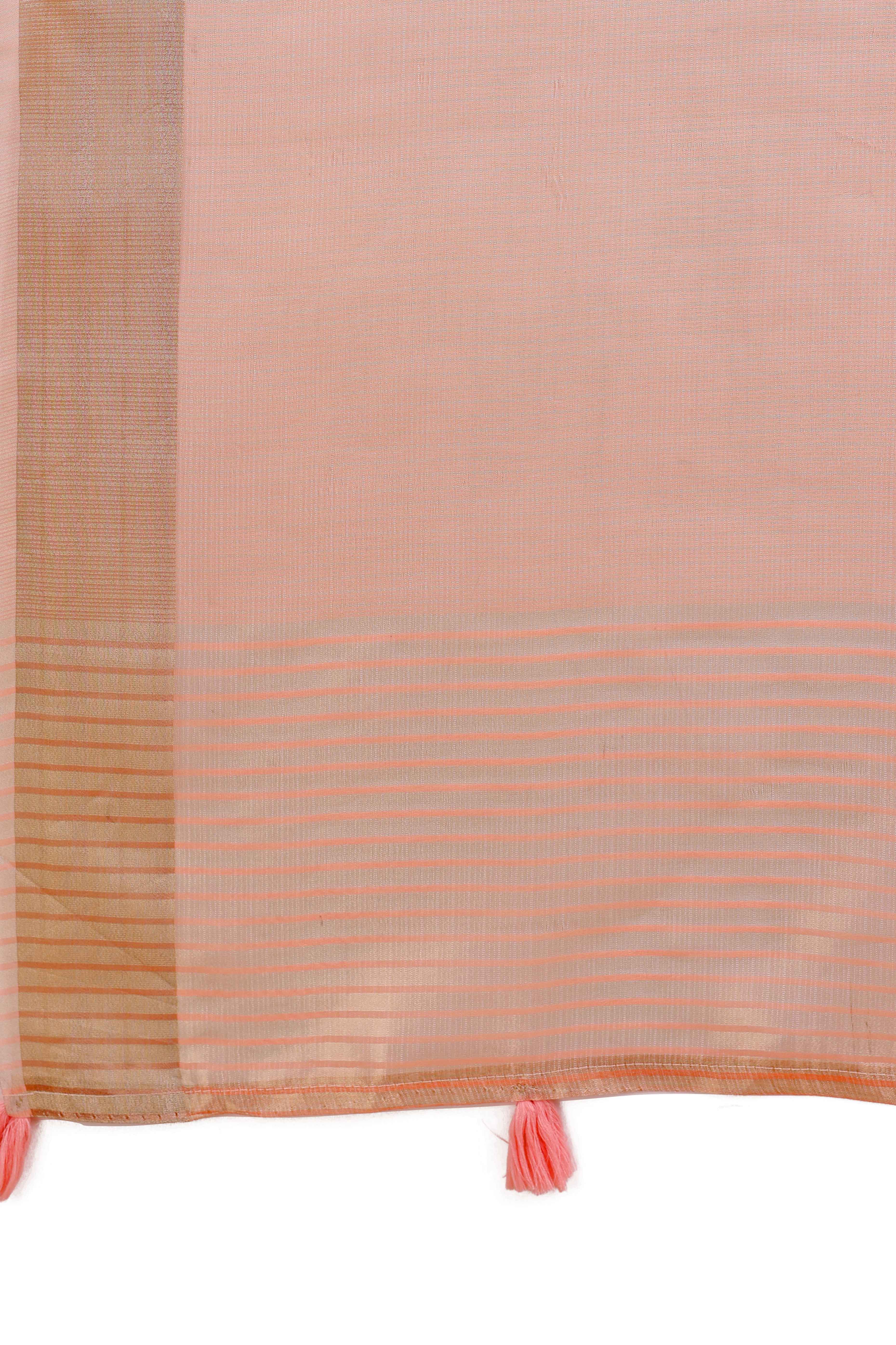 Peach Zari Woven Organza Saree With Graceful Tassel Border