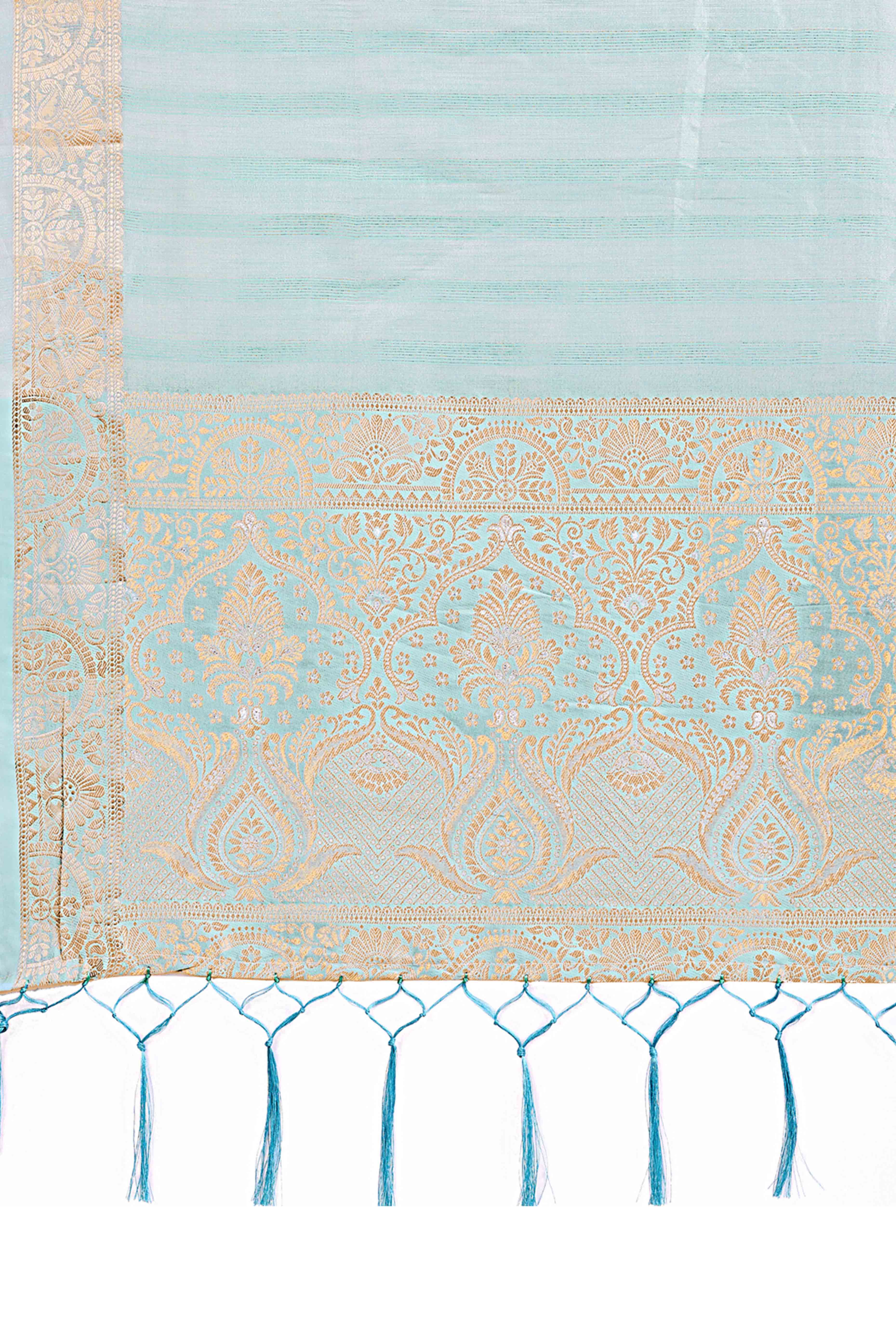 Sky Blue Organza Saree With Floral Zari Weave & Tassel Accents