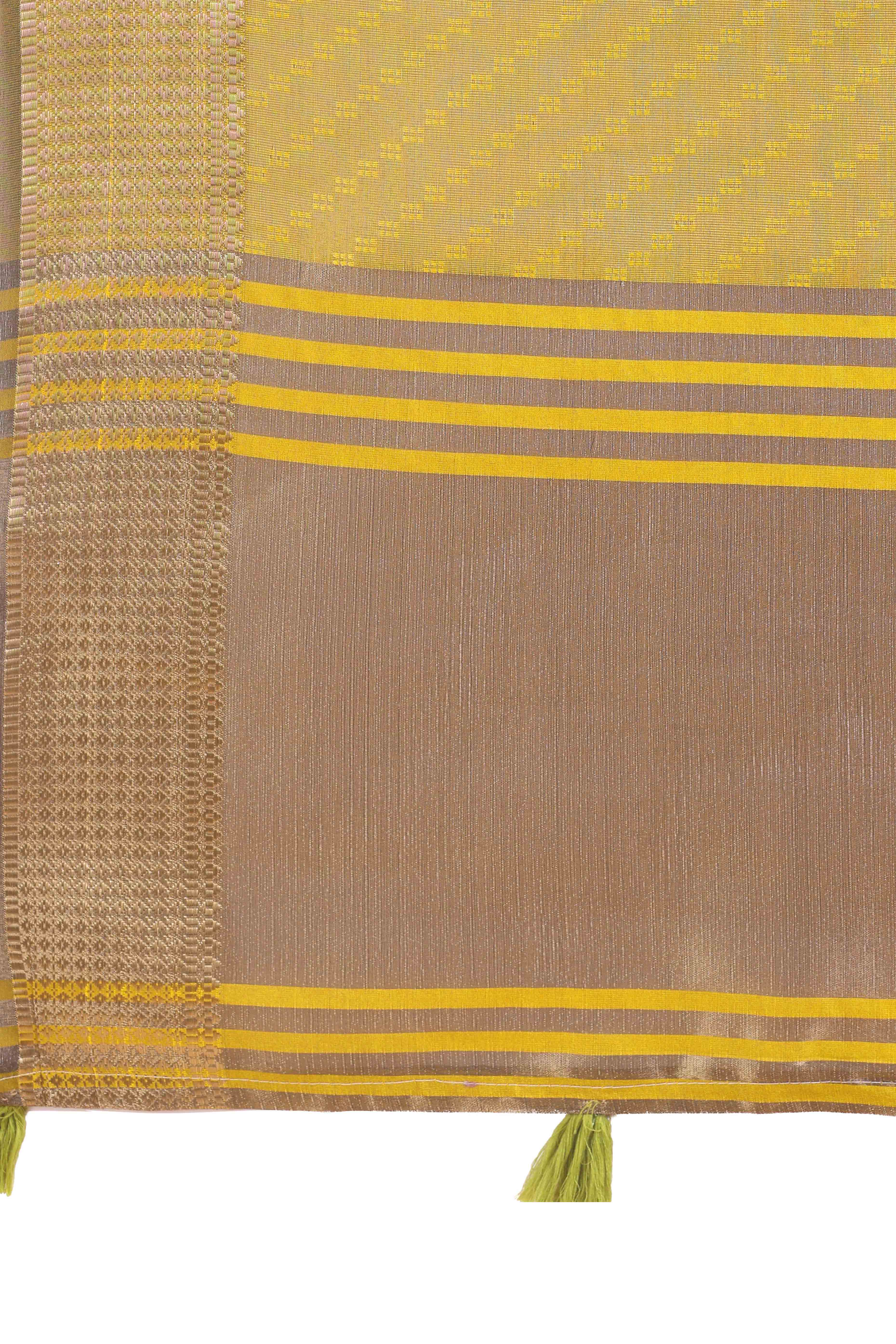 Mustard Zari Weaving Organza Saree With Tassel Border