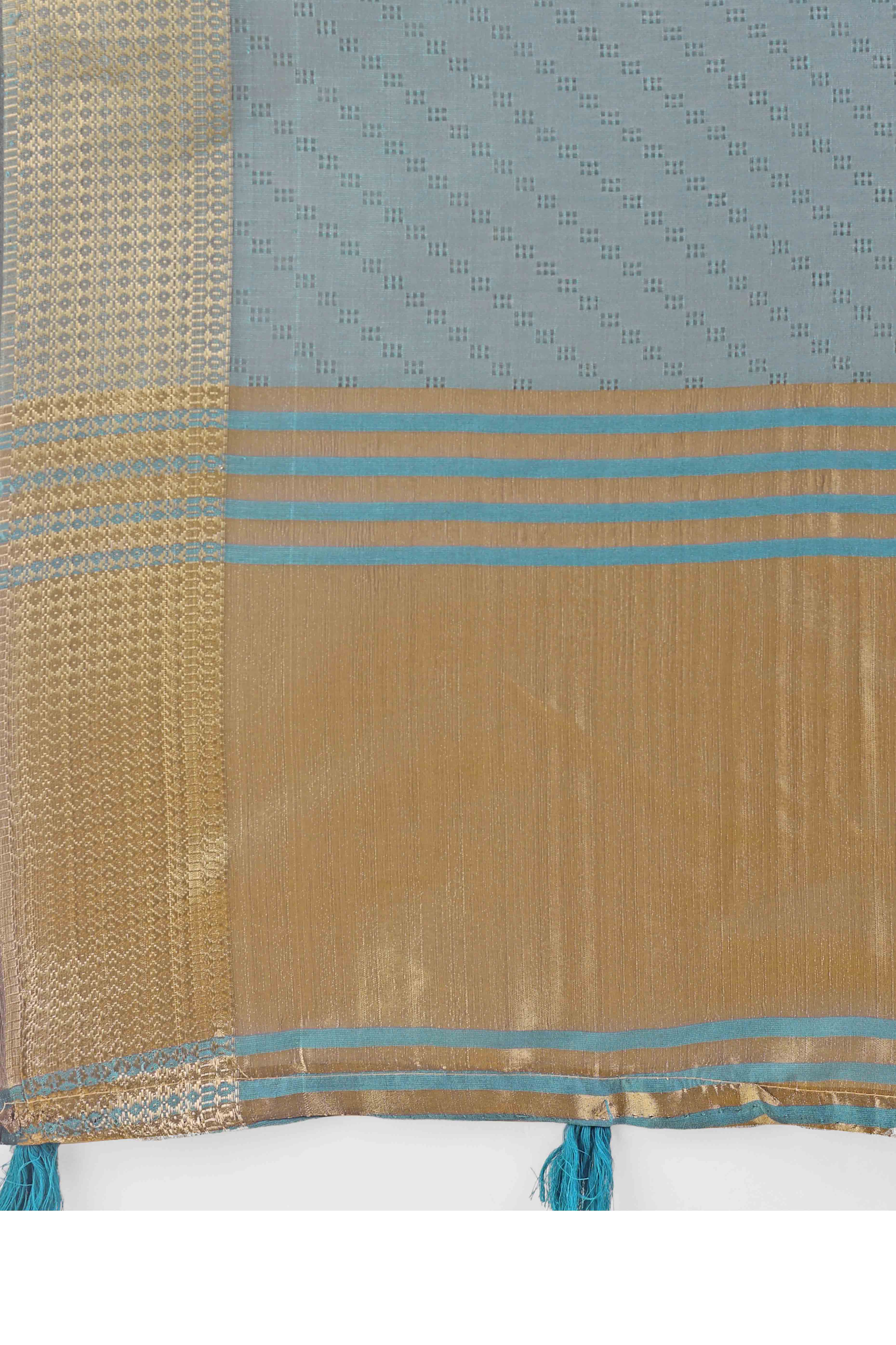 Peacock Blue Zari Weaving Organza Saree With Tassel Border