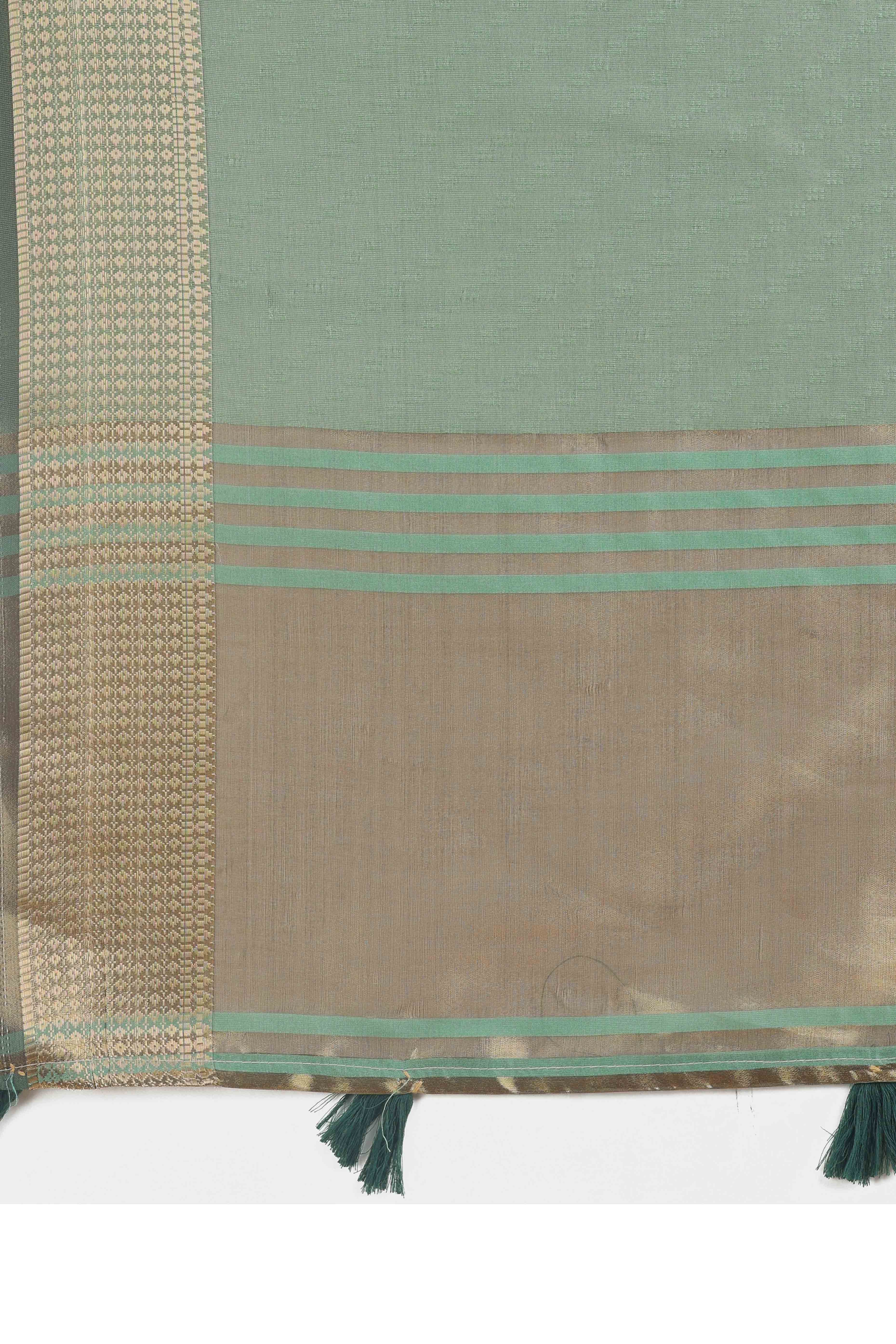 Green Zari Weaving Organza Saree With Tassel Border