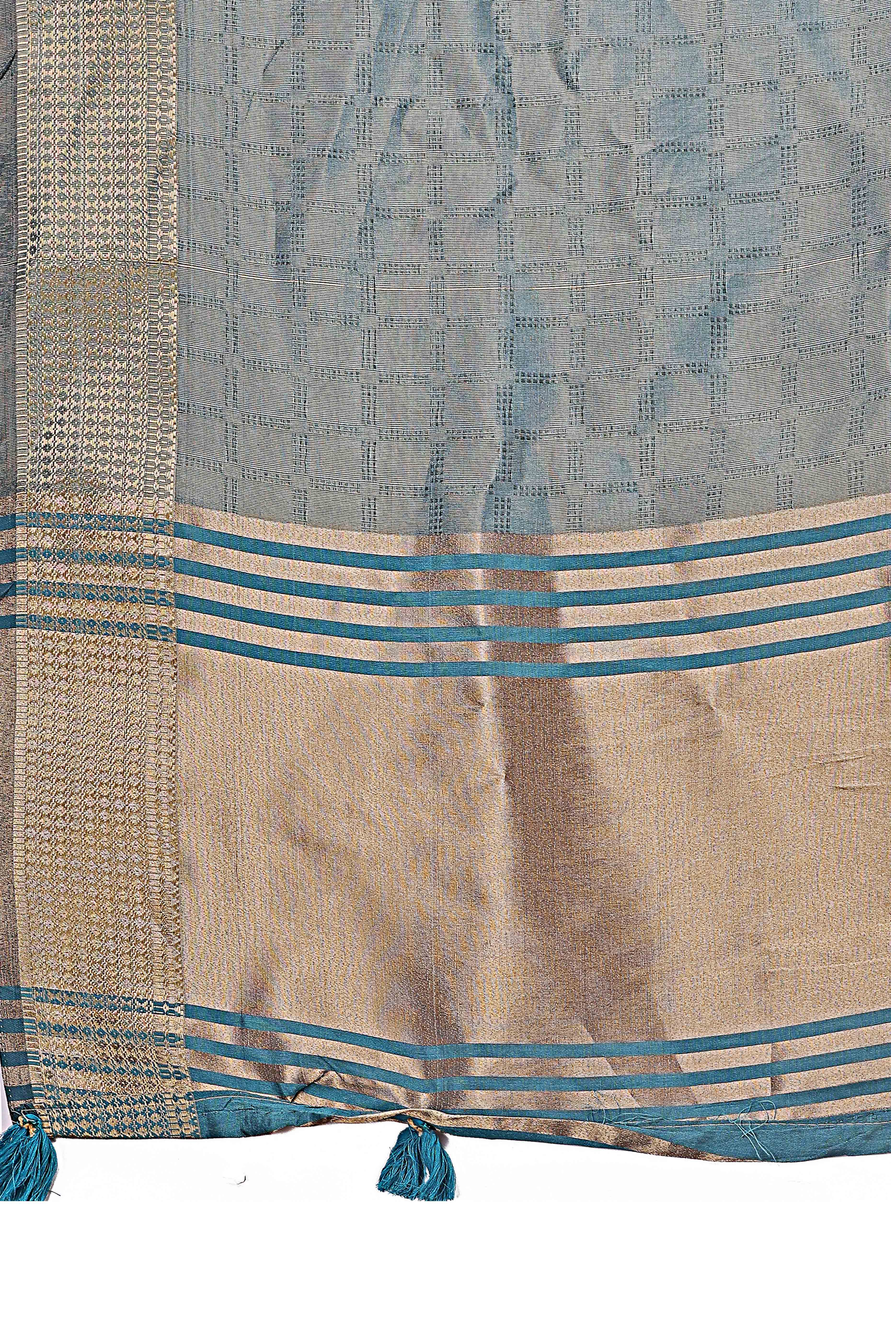 Blue Organza Saree With Intricate Zari Woven Checks & Tassel Border