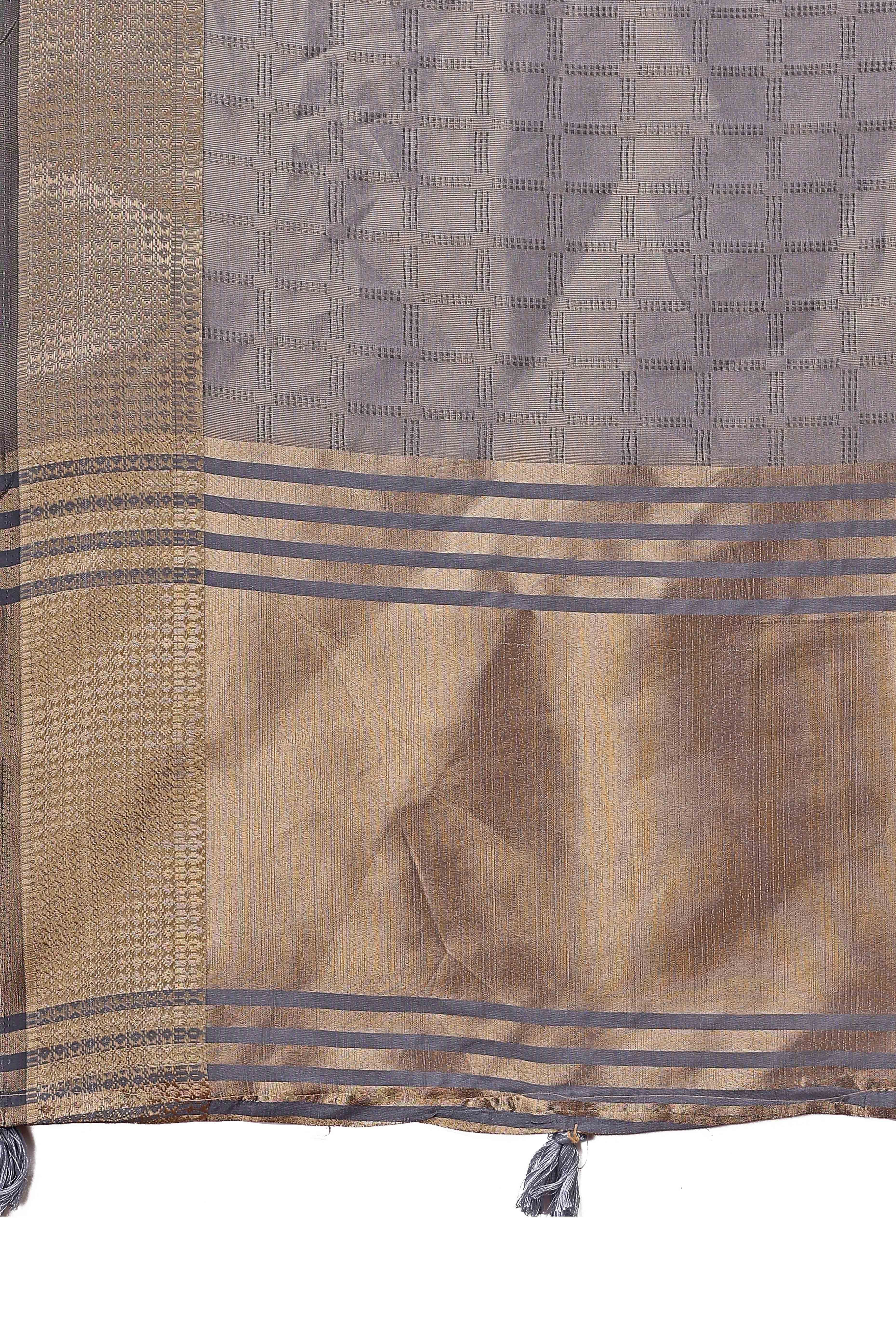 Grey Organza Saree With Intricate Zari Woven Checks & Tassel Border