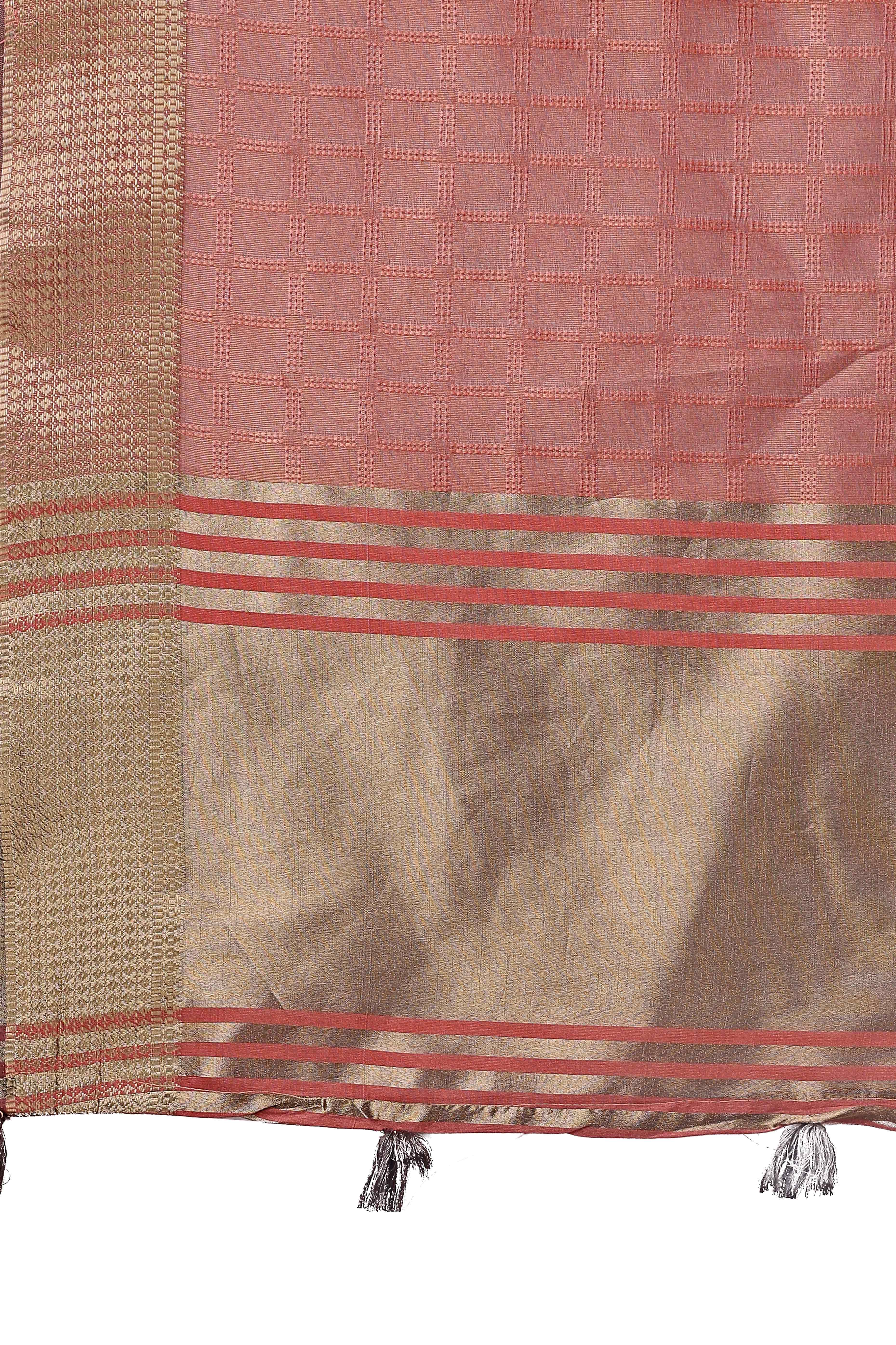 Peach Organza Saree With Intricate Zari Woven Checks & Tassel Border