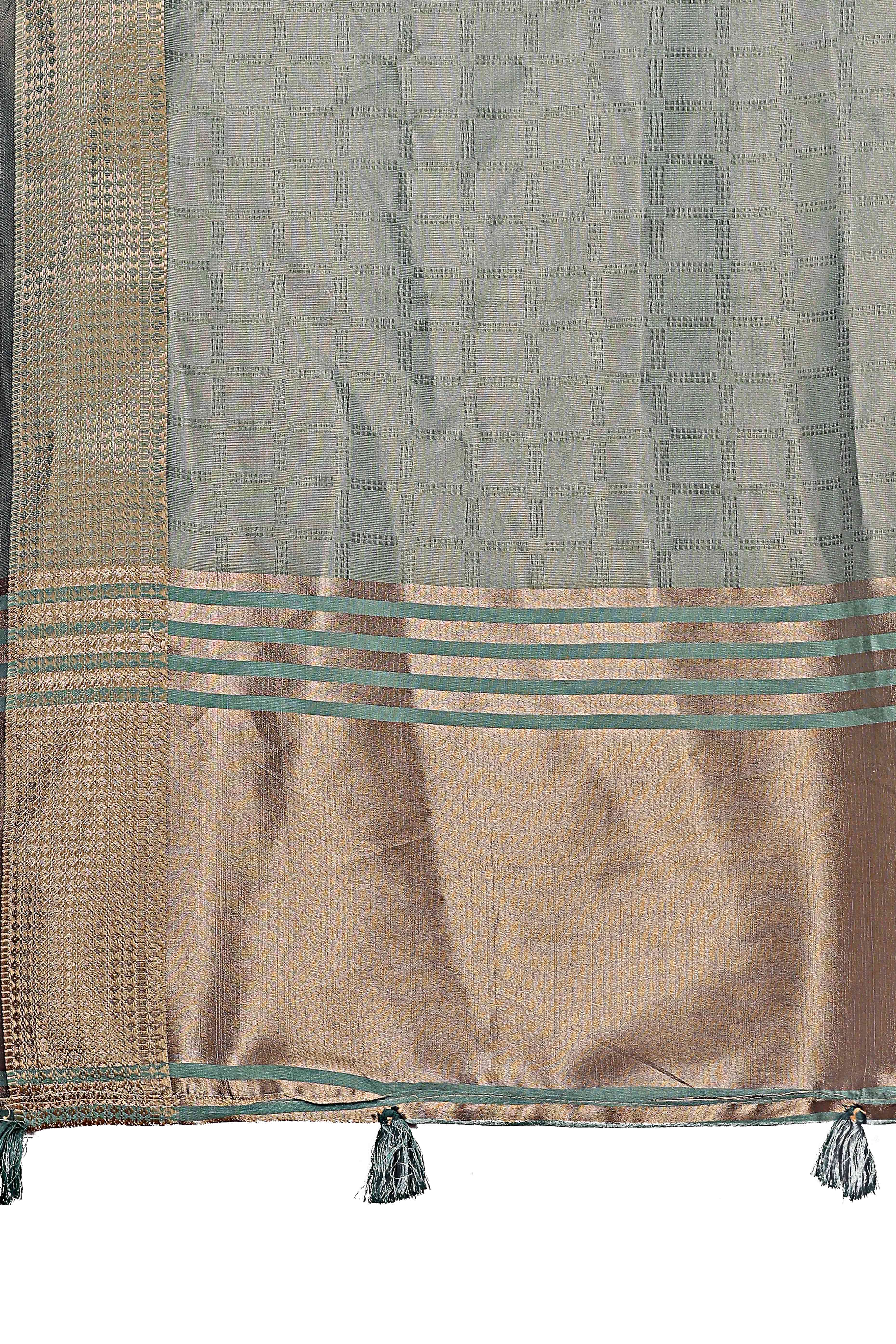 Green Organza Saree With Intricate Zari Woven Checks & Tassel Border