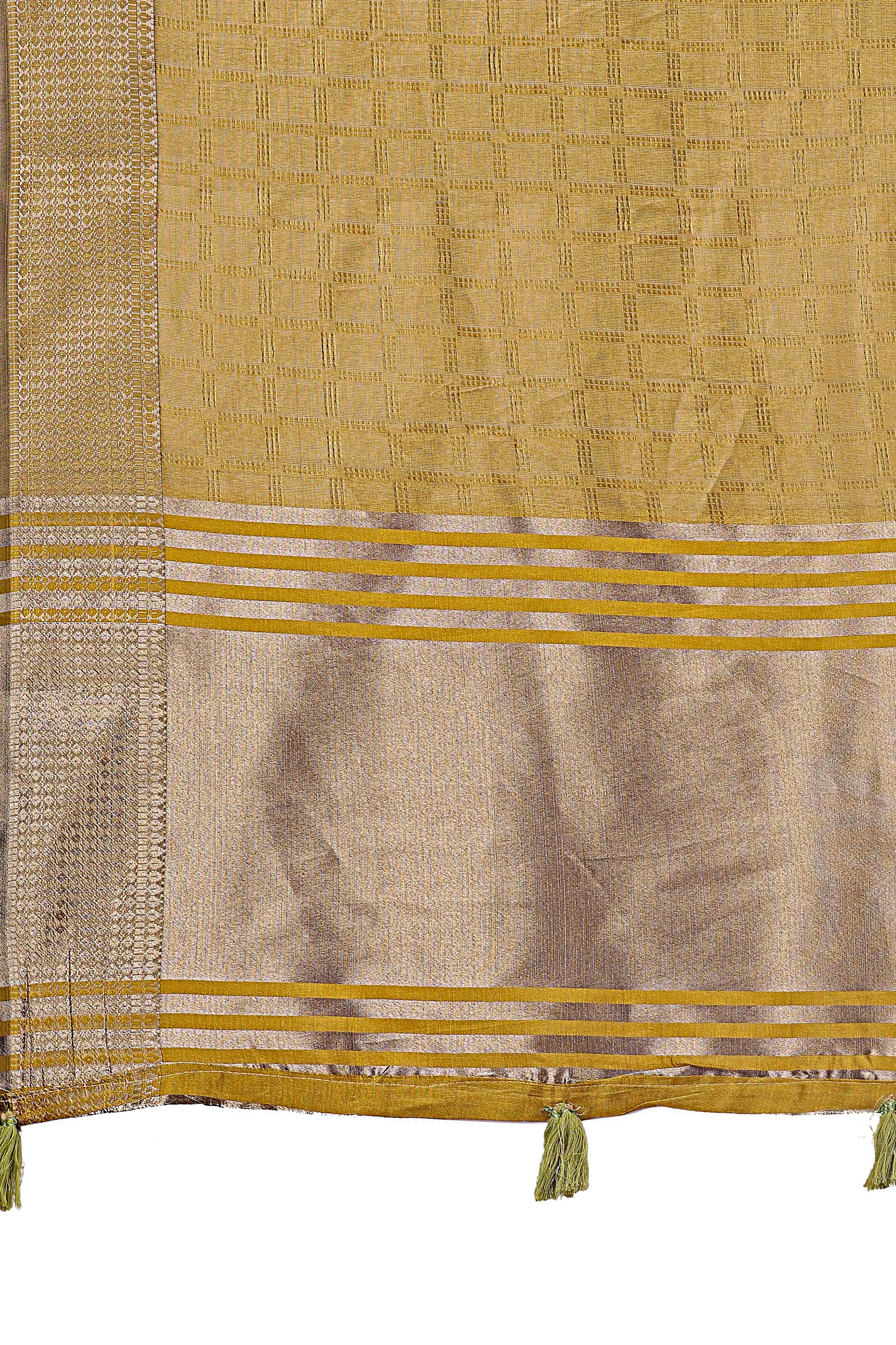 Mustard Organza Saree With Intricate Zari Woven Checks & Tassel Border