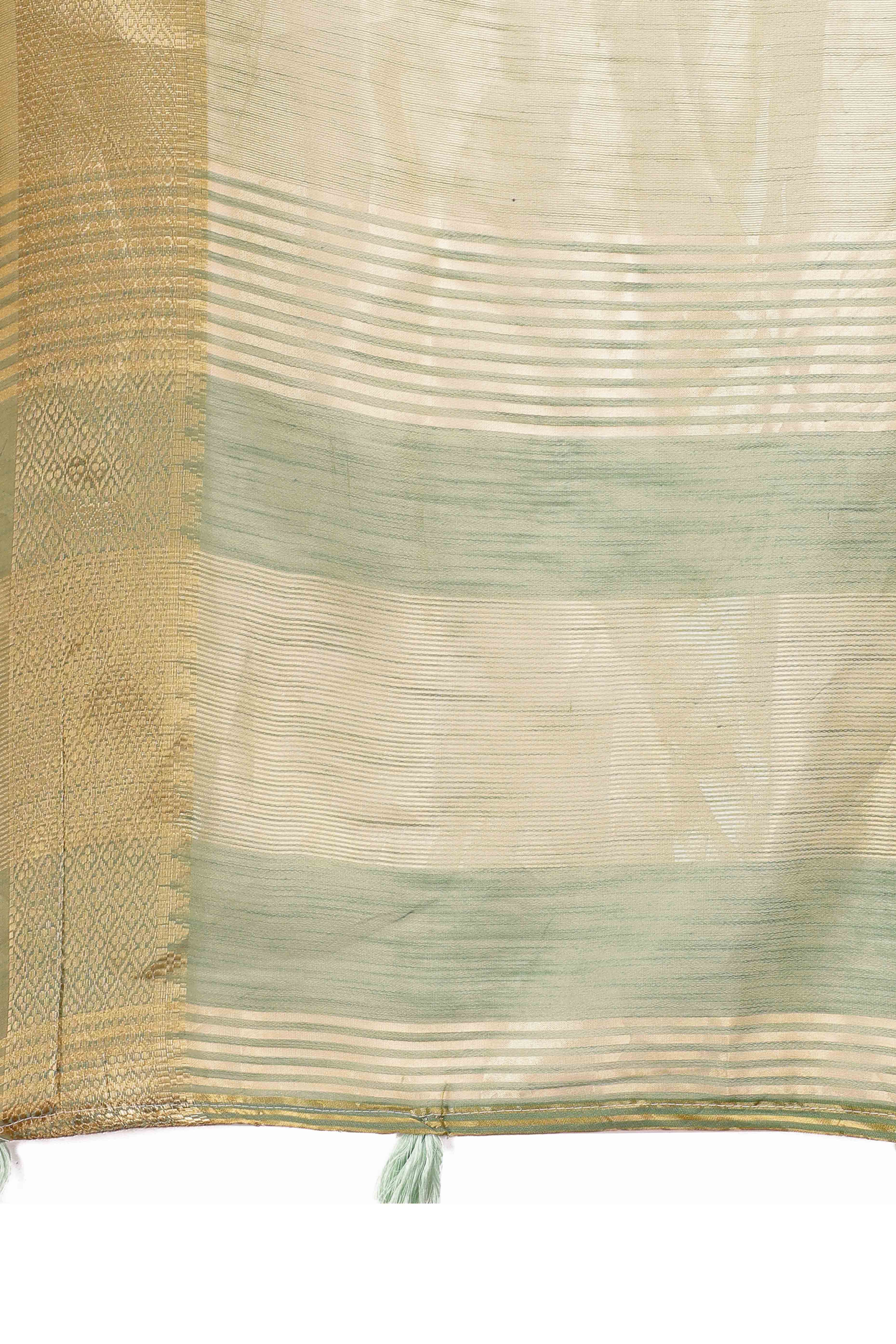 Light Green Solid With Zari Woven Organza Saree With Tassel Border
