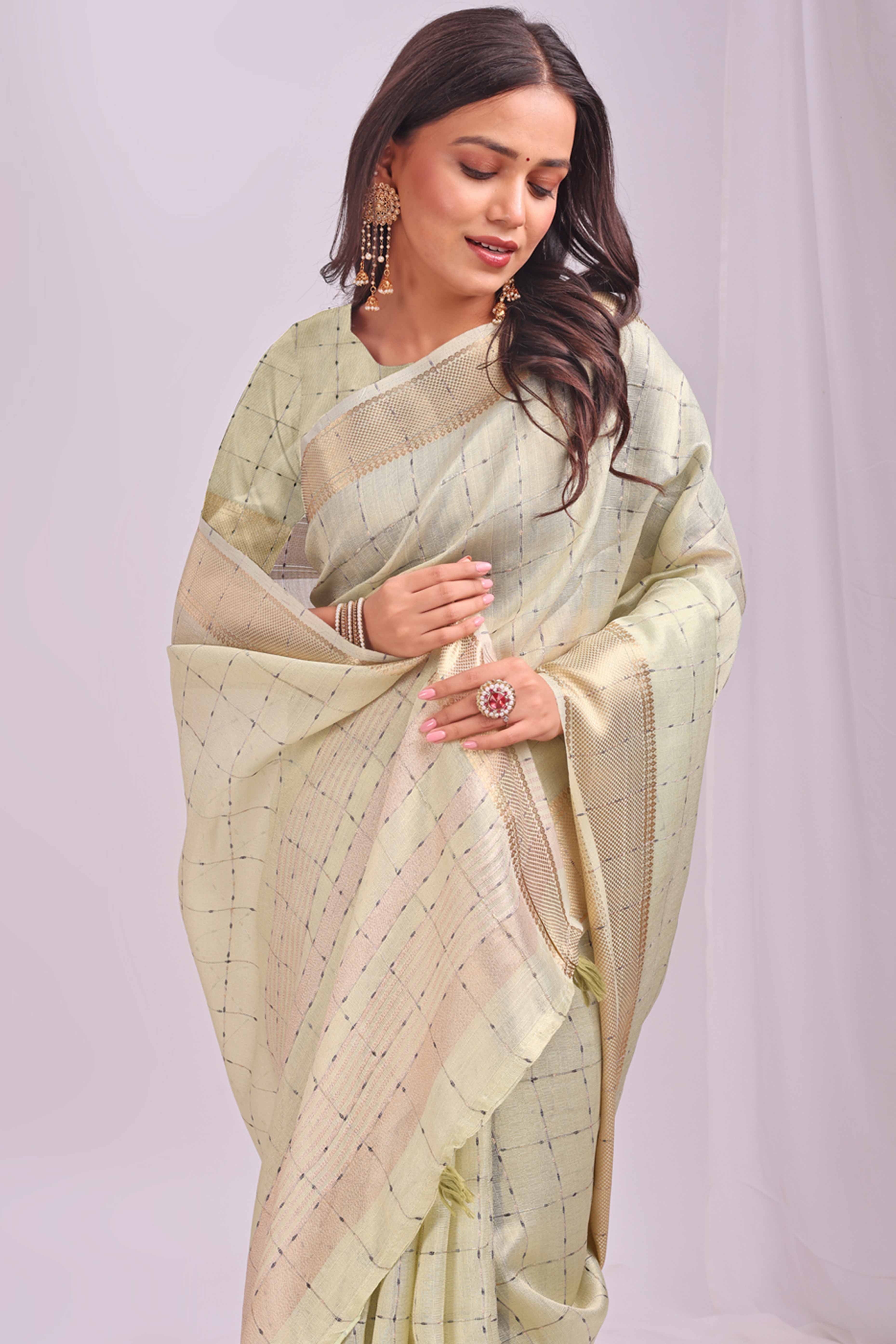 Light Green Lightweight Organza Saree with Rich Zari Checks Pattern