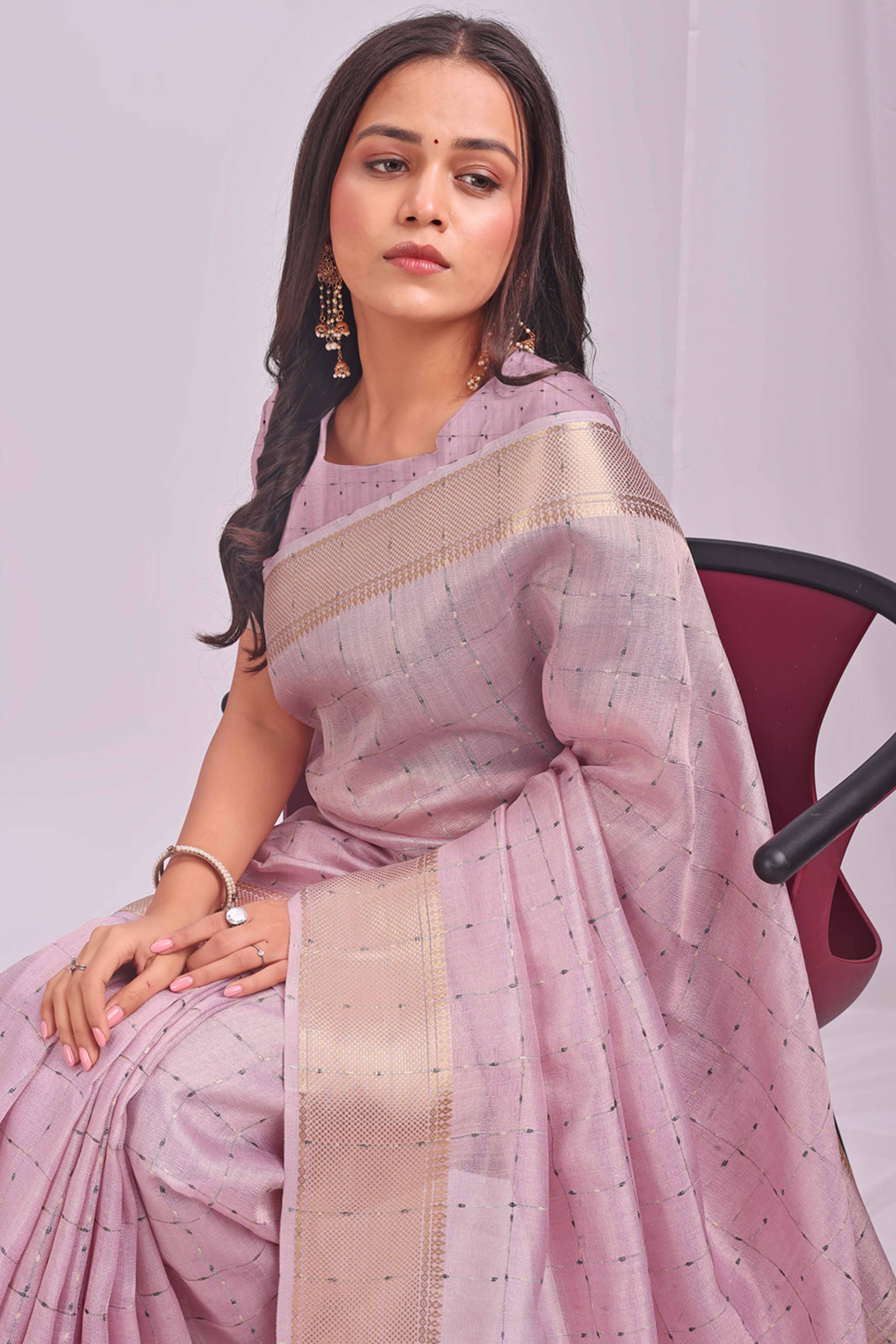 Light Pink Lightweight Organza Saree with Rich Zari Checks Pattern