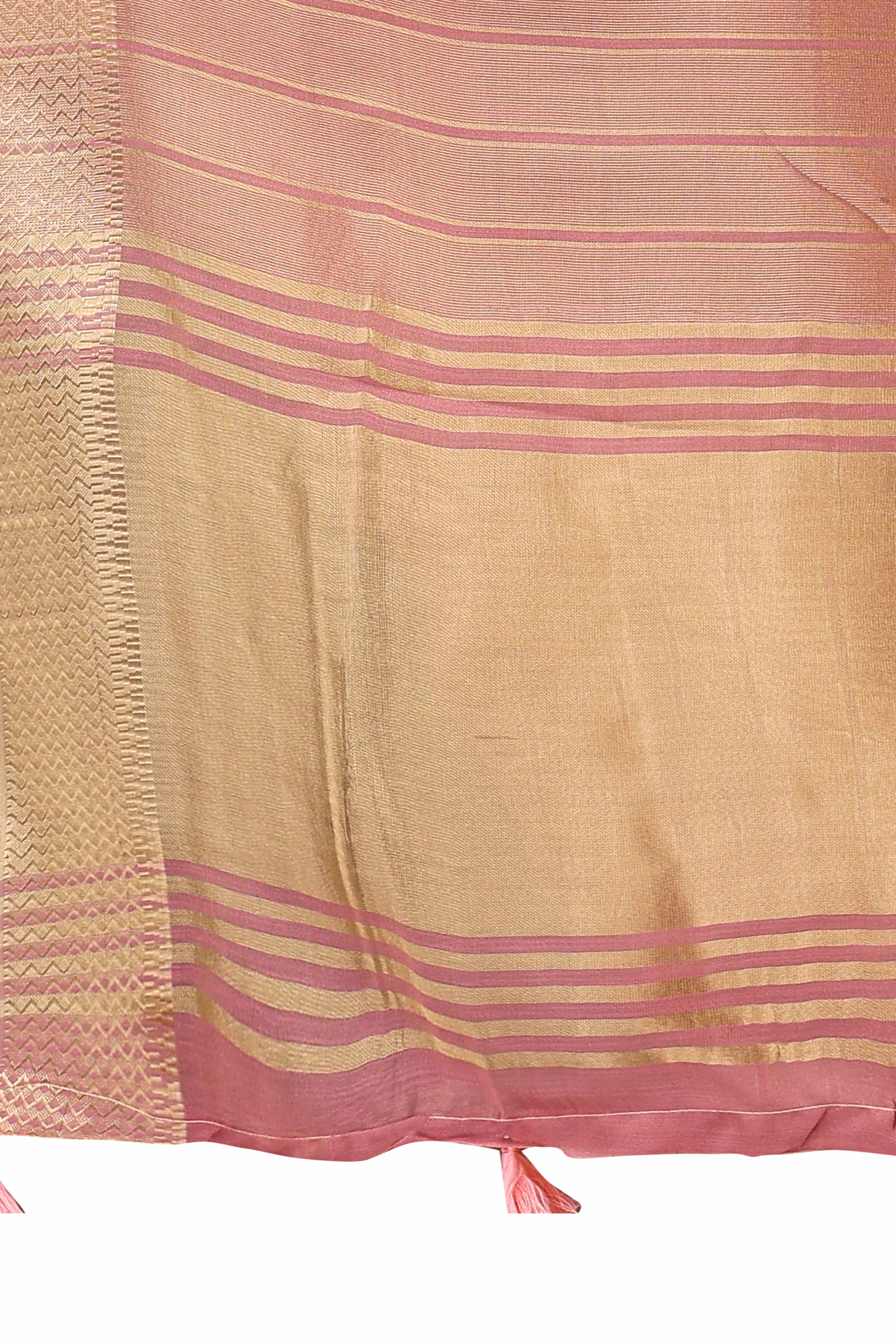 Peach Organza Saree With Zari Woven Stripes & Elegant Tassel Border