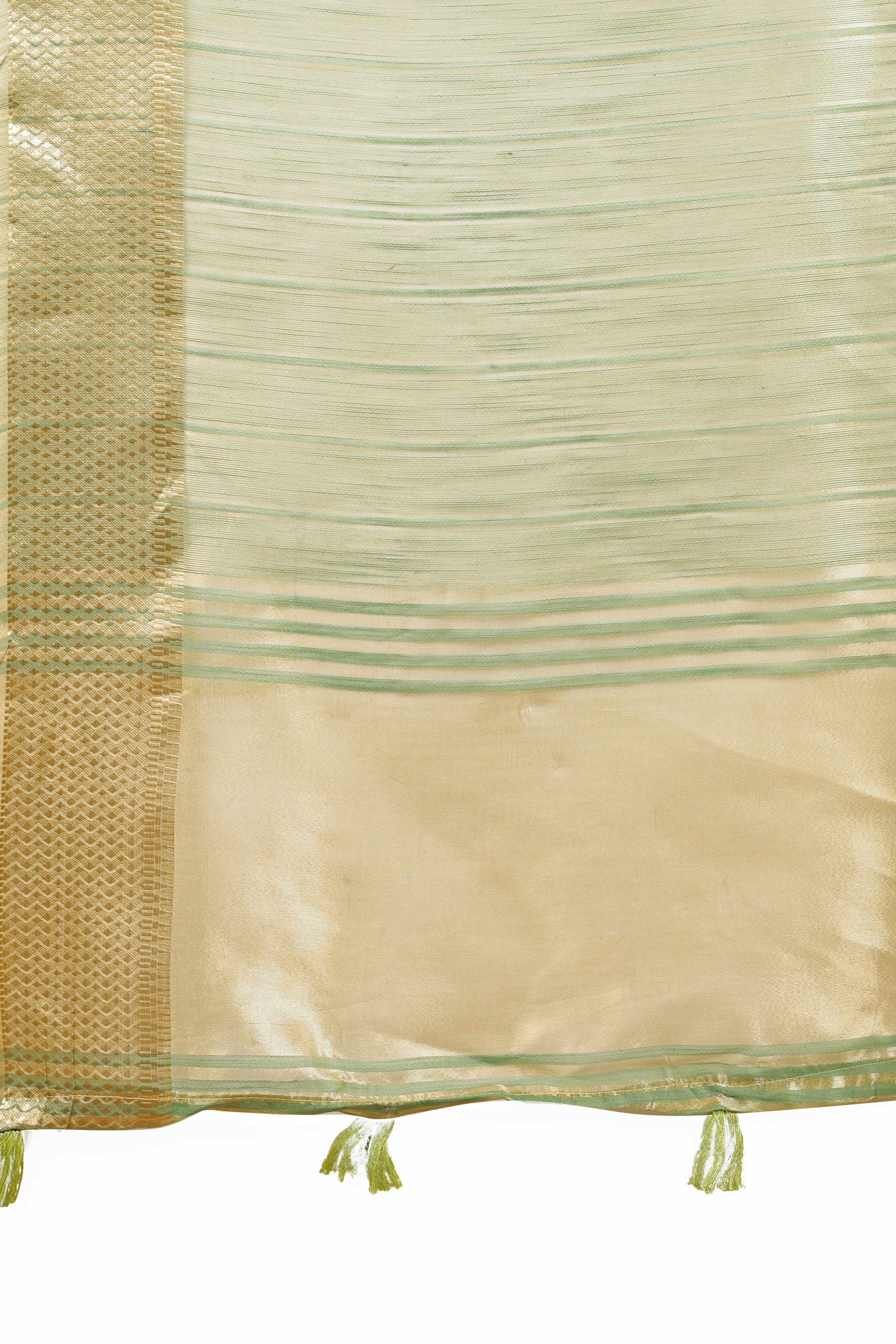 Green Organza Saree With Zari Woven Stripes & Elegant Tassel Border