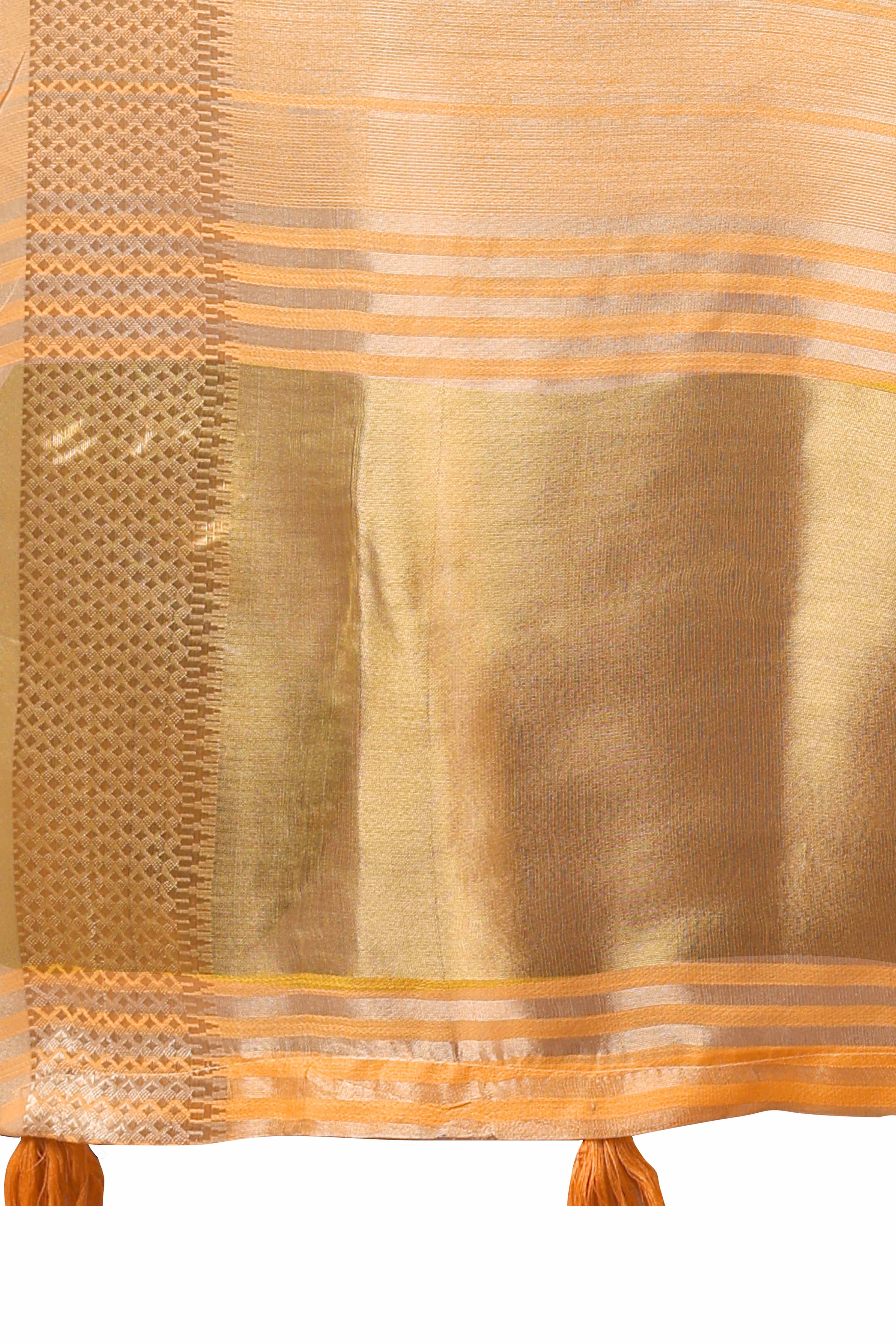 Orange Organza Saree With Zari Woven Stripes & Elegant Tassel Border