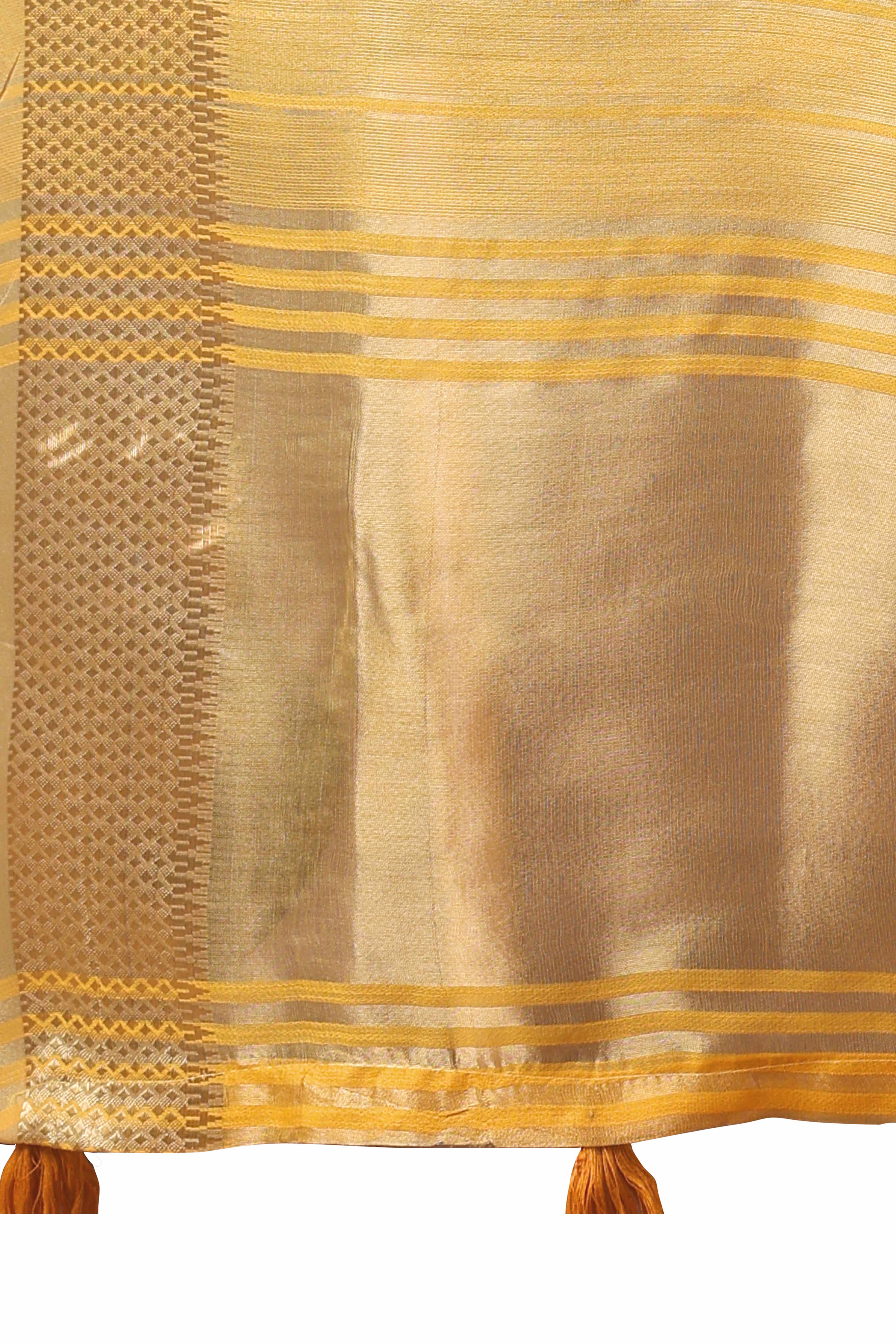 Mustard Organza Saree With Zari Woven Stripes & Elegant Tassel Border