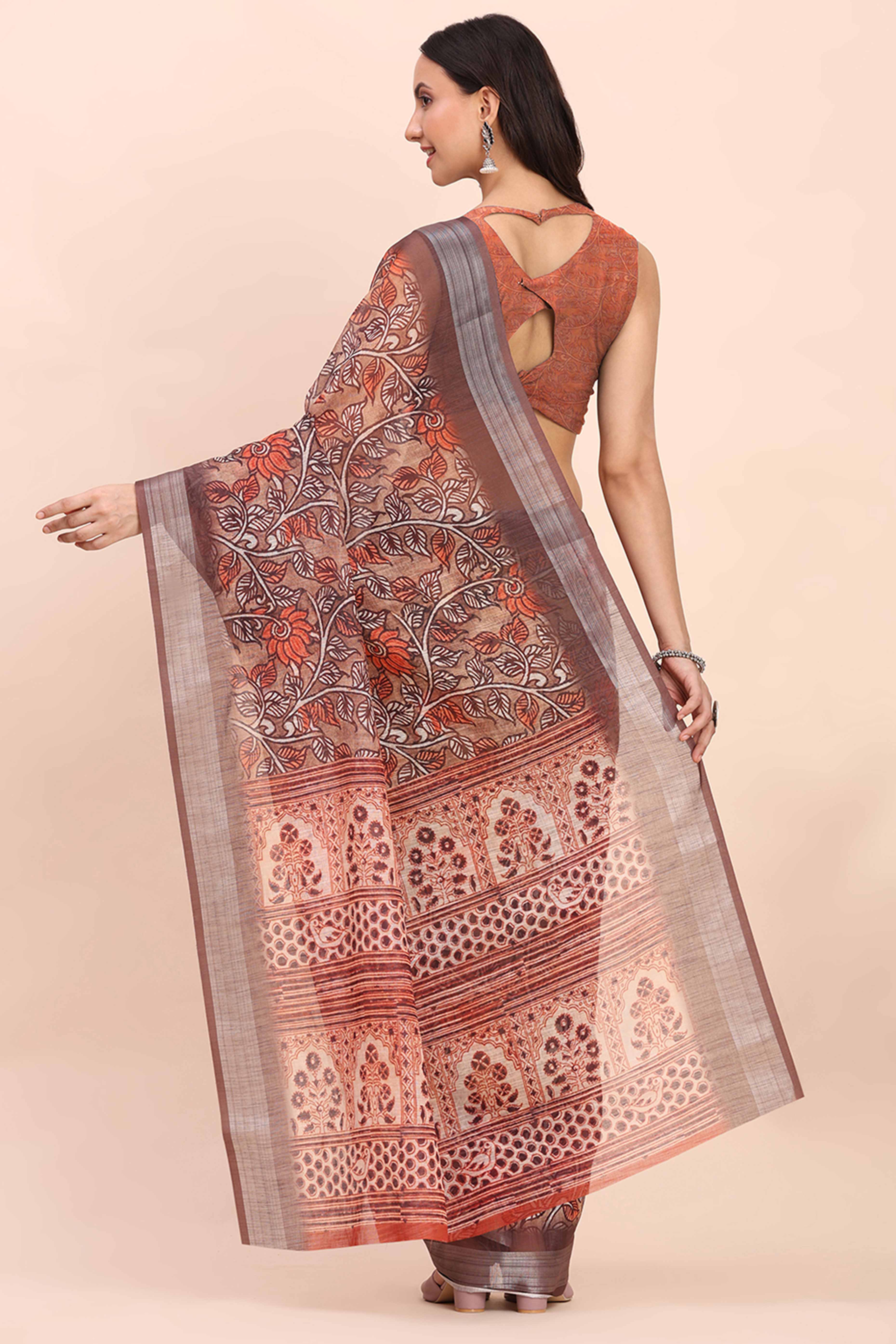 Brown Linen Cotton Saree Featuring Floral Prints & Woven Border