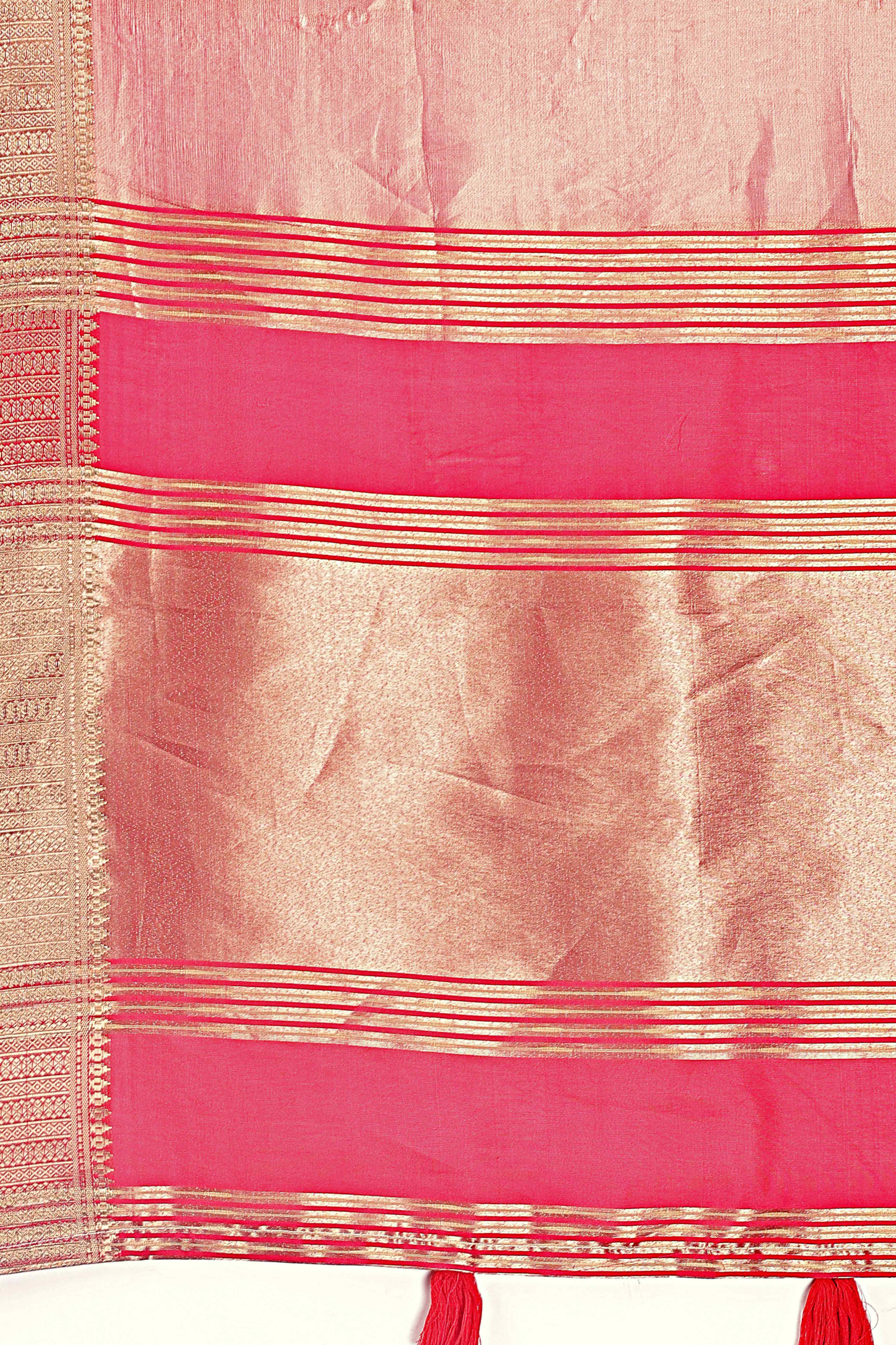 Gajari Pink Organza Solid Saree With Lustrous Zari Weave &  Delicate Tassels