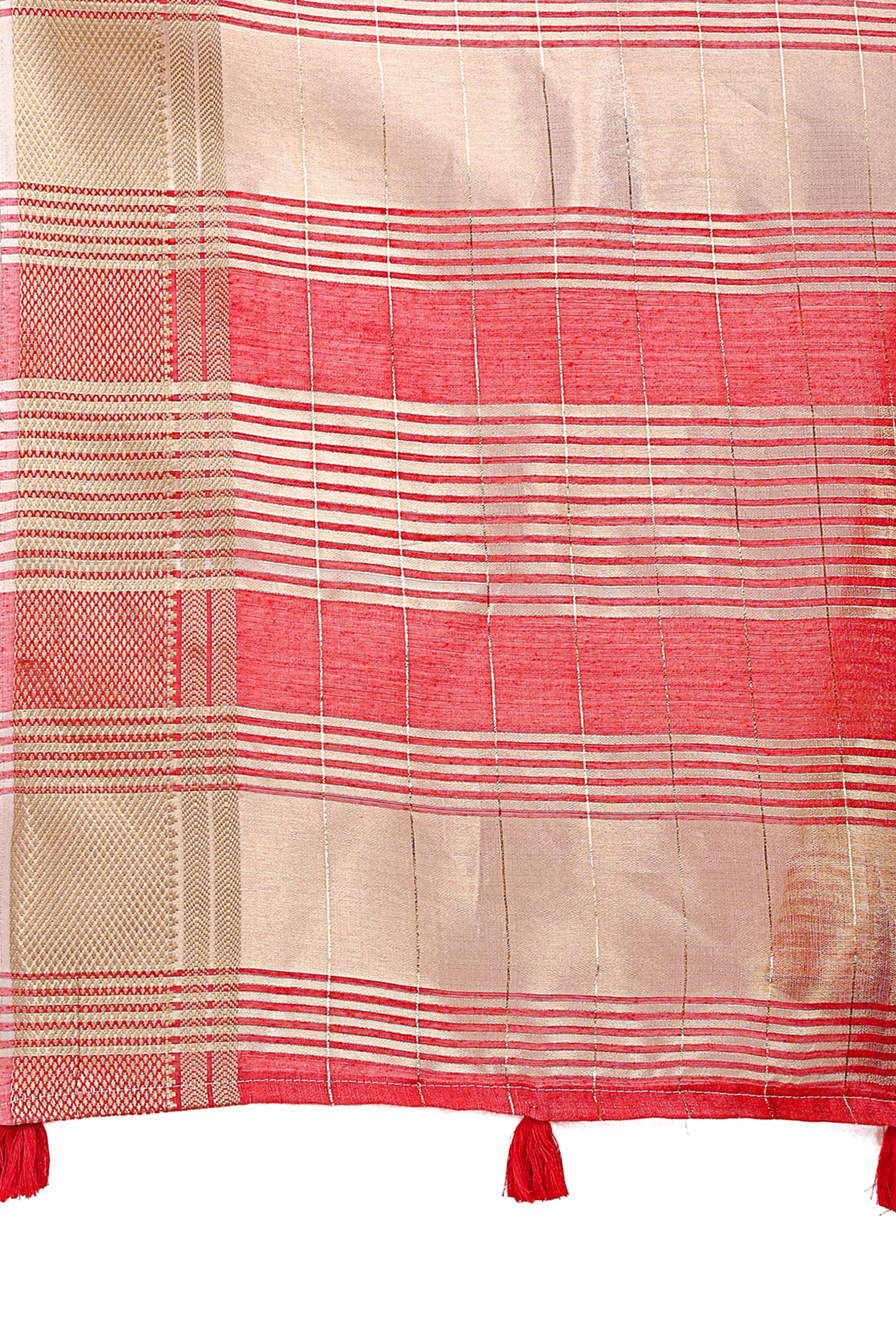Peach Organza Saree with Checkered Zari Weaving and Tassels