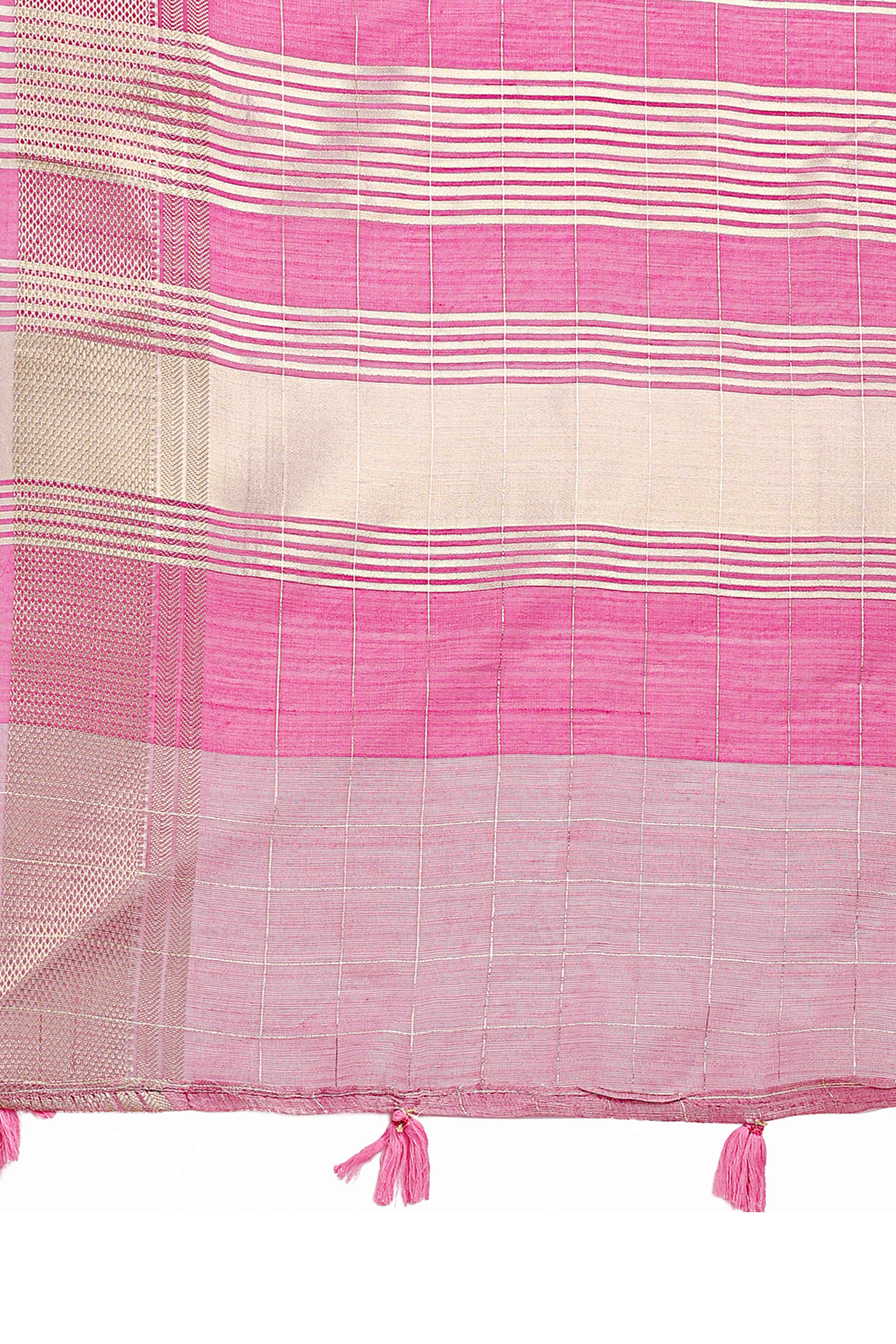 Pink Organza Saree with Checkered Zari Weaving Style and Tassels