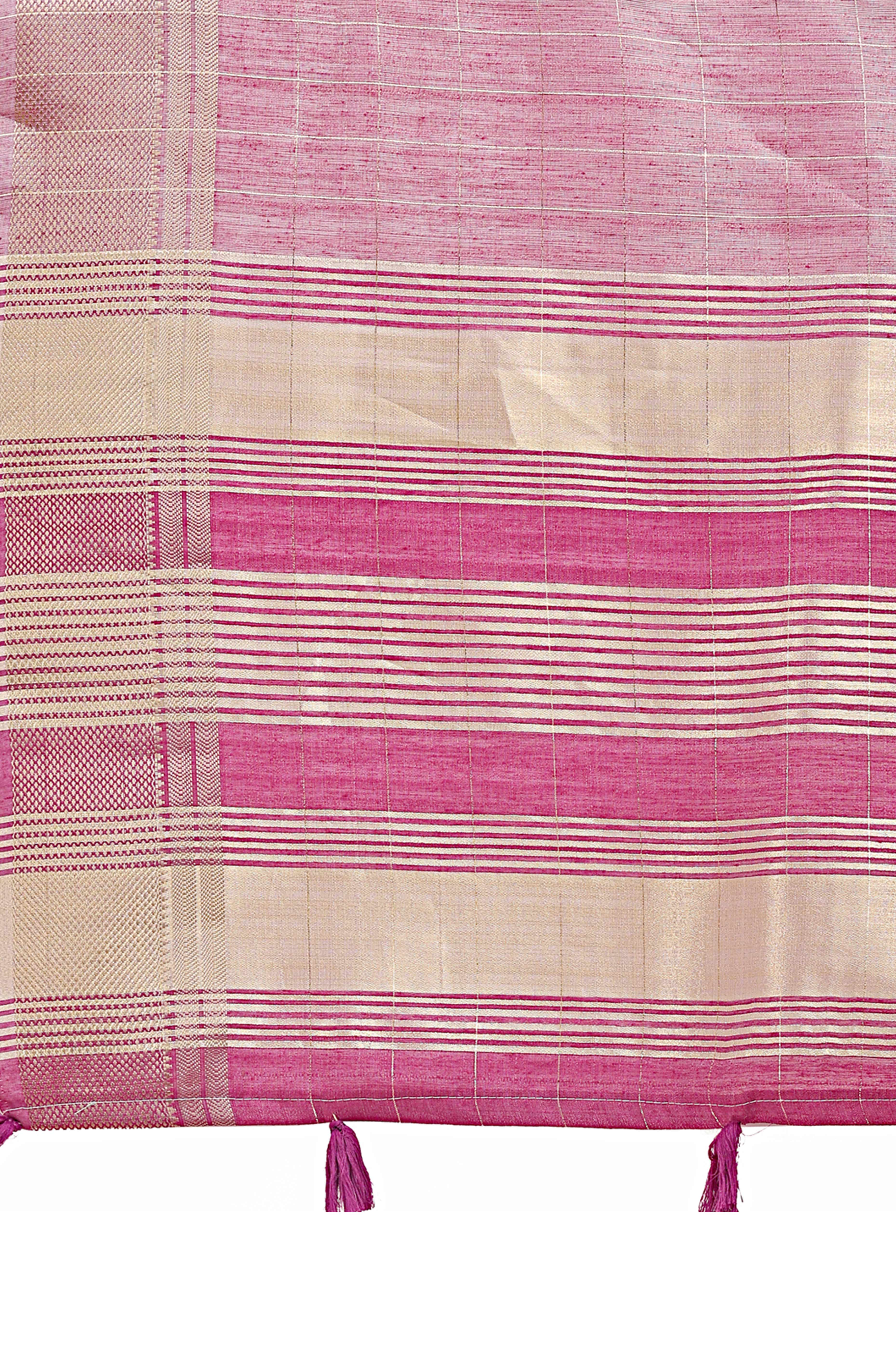 Purple Organza Saree with Checkered Zari Weaving Artistry and Tassels