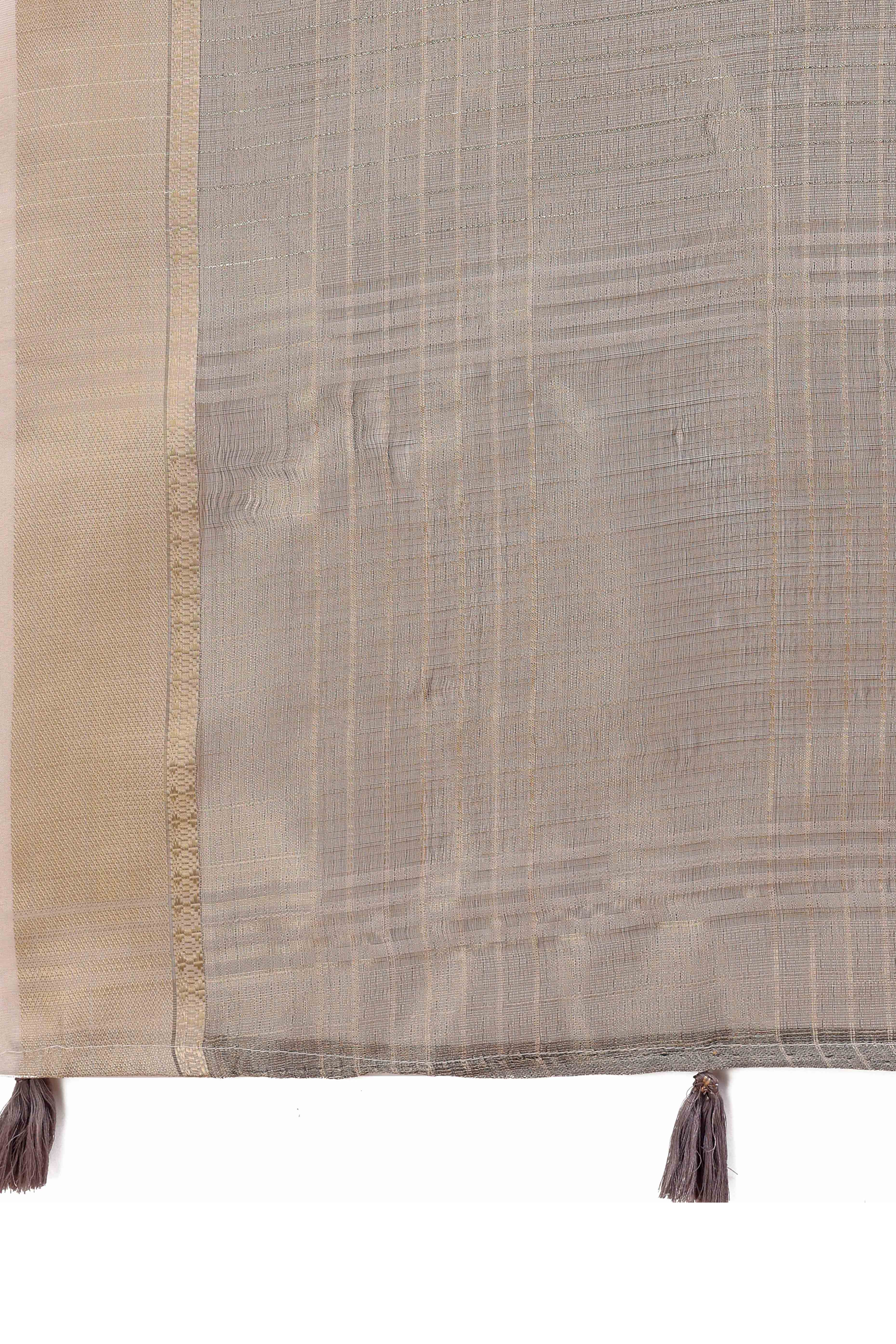 Grey Organza Saree With Zari Weaving Check Patterns & Elegant Tassel Accents