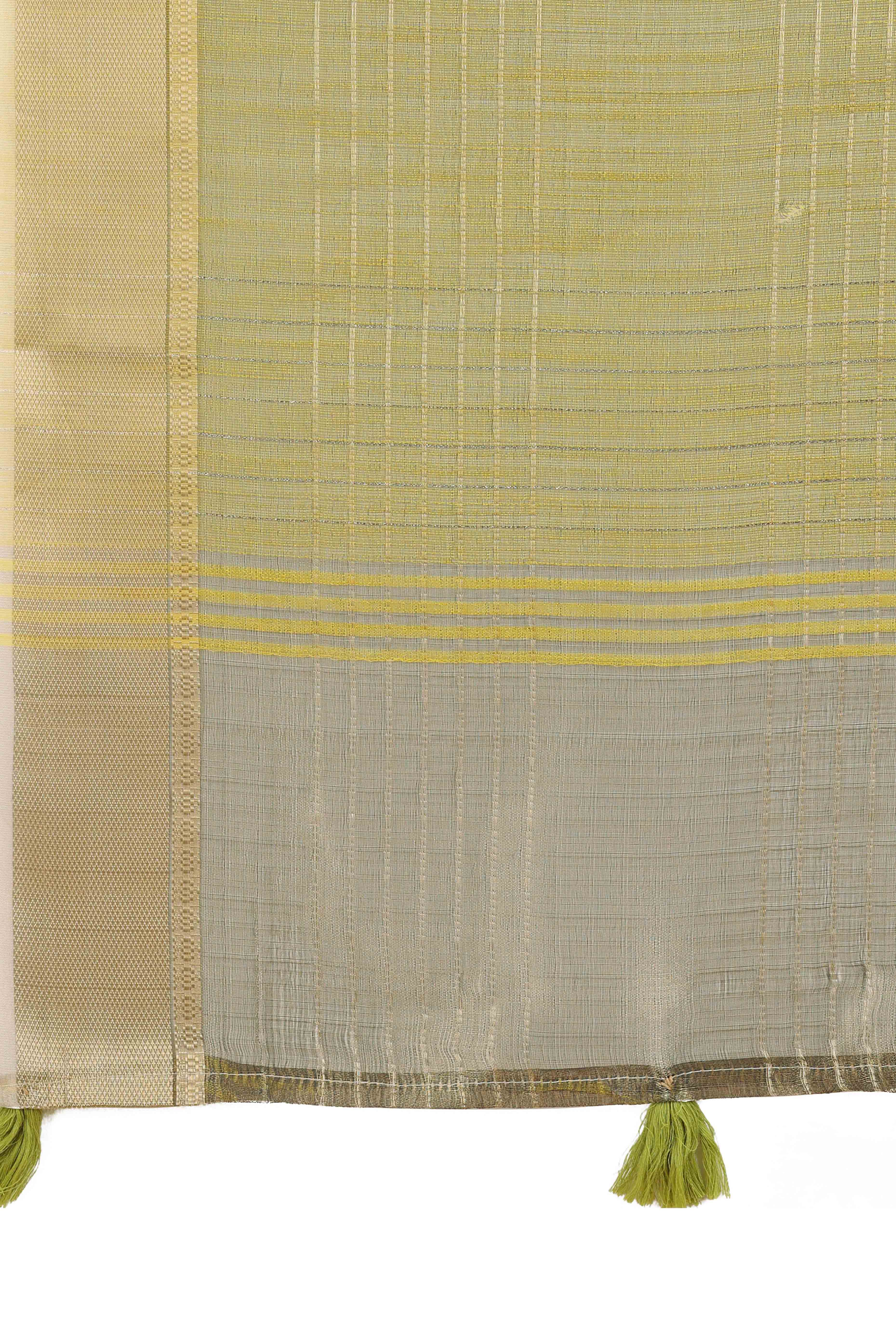 Mehendi Green Organza Saree With Zari Weaving Check Patterns & Elegant Tassel Accents