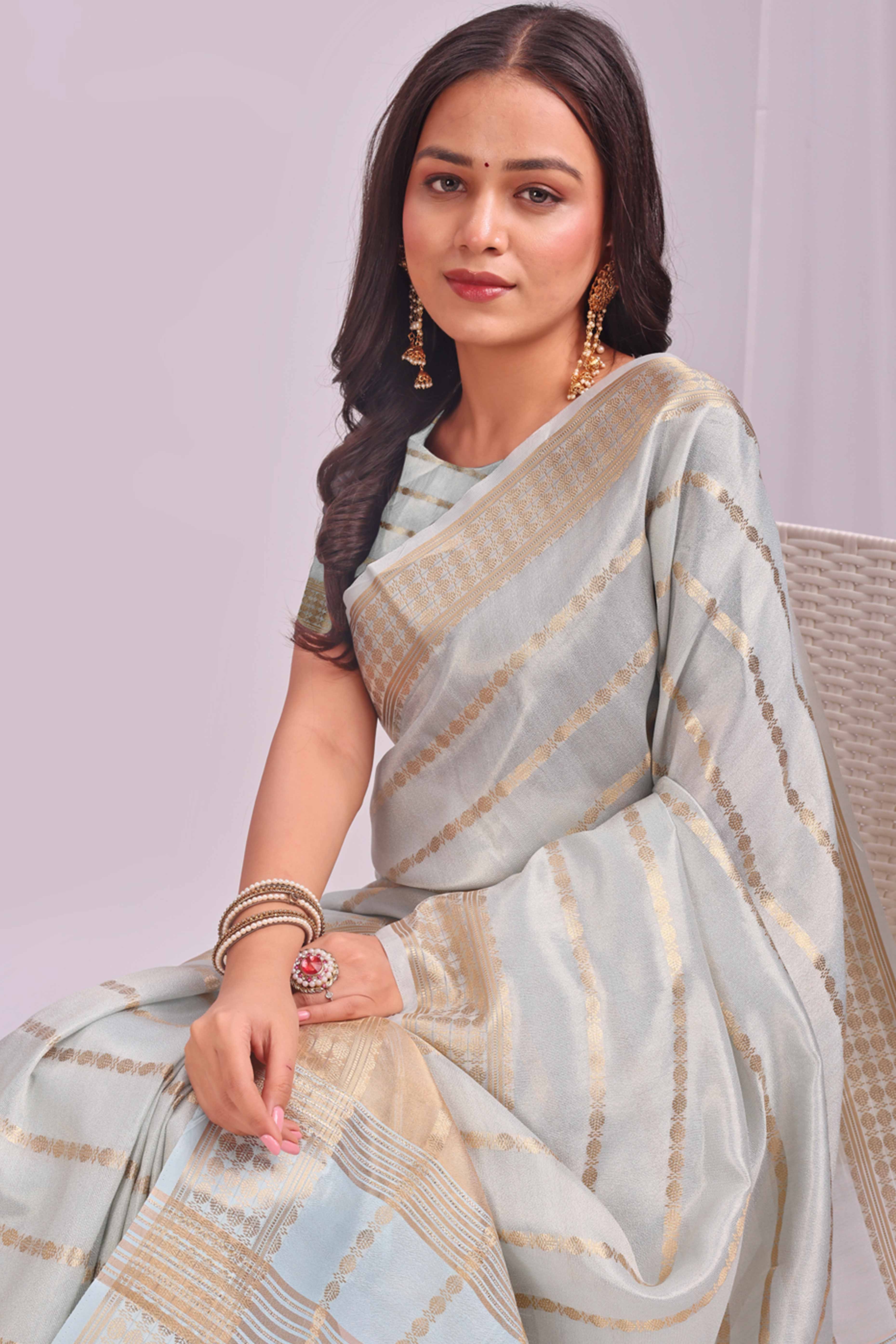Sky Blue Lightweight Organza Saree with Rich Zari Stripes Pattern