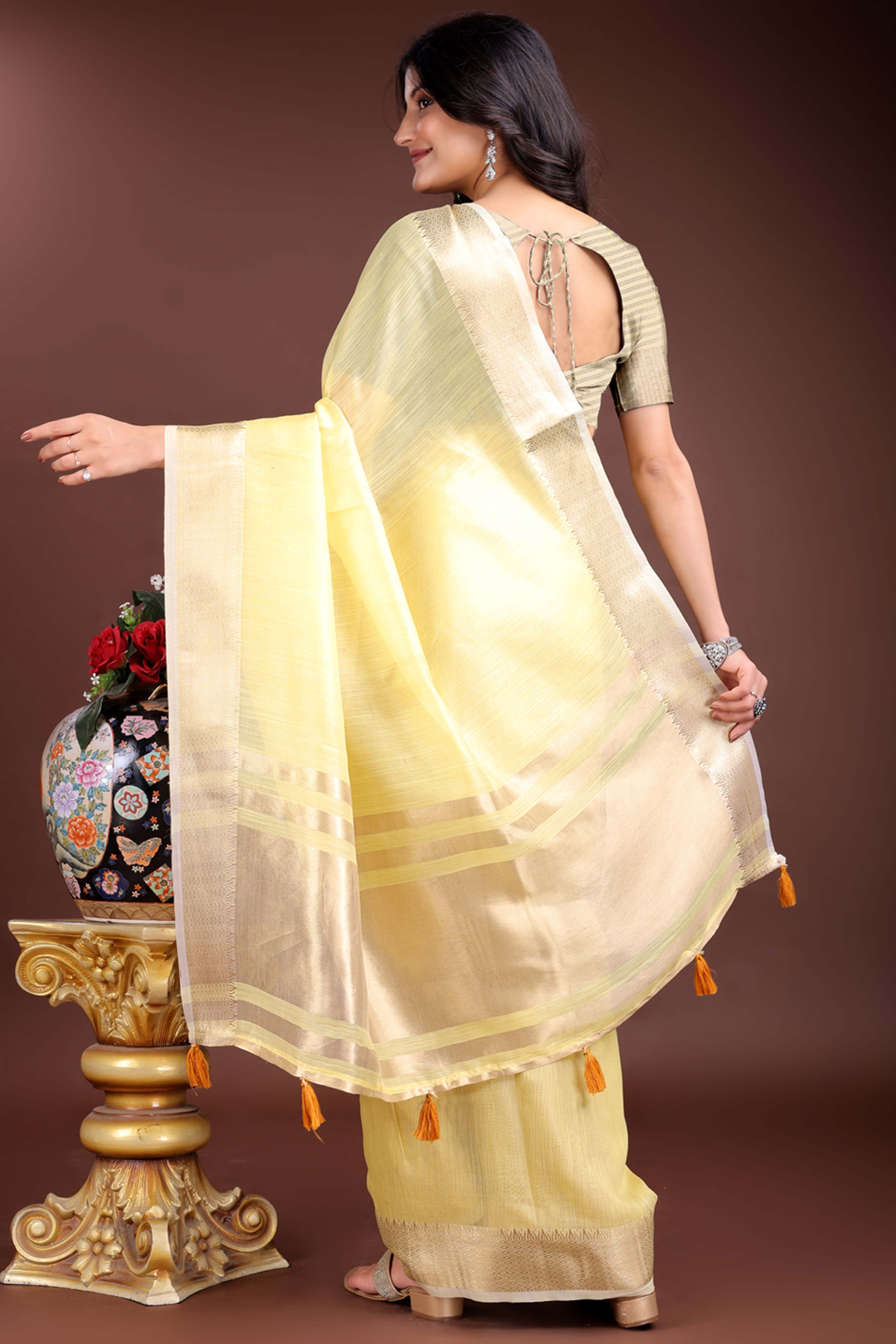 Yellow Cotton Silk Saree with Zari Border Weaving