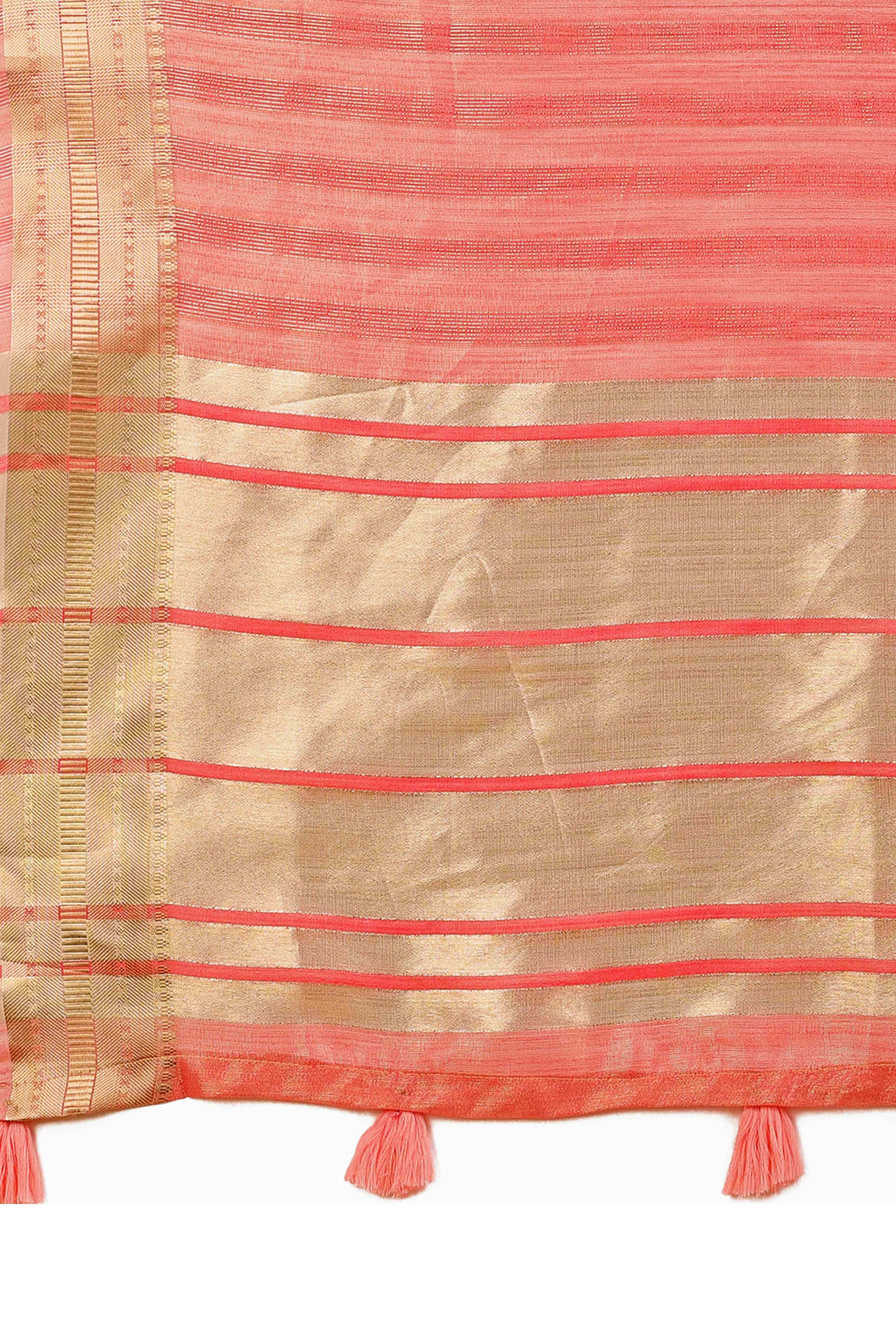 Coral Pink Organza Saree With Intricate Weave & Elegant Tassel Accents