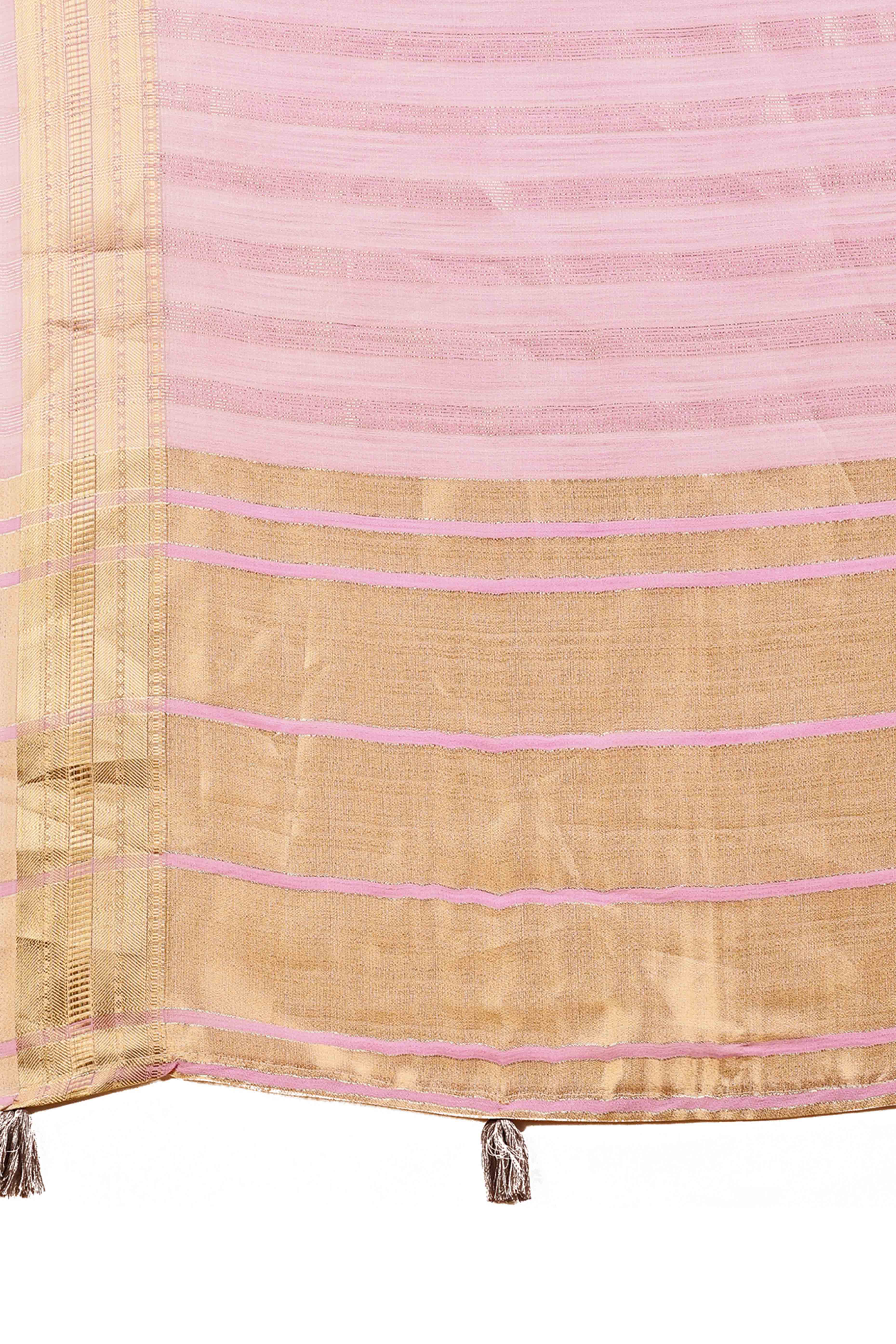 Onion Pink Organza Saree With Intricate Weave & Elegant Tassel Accents