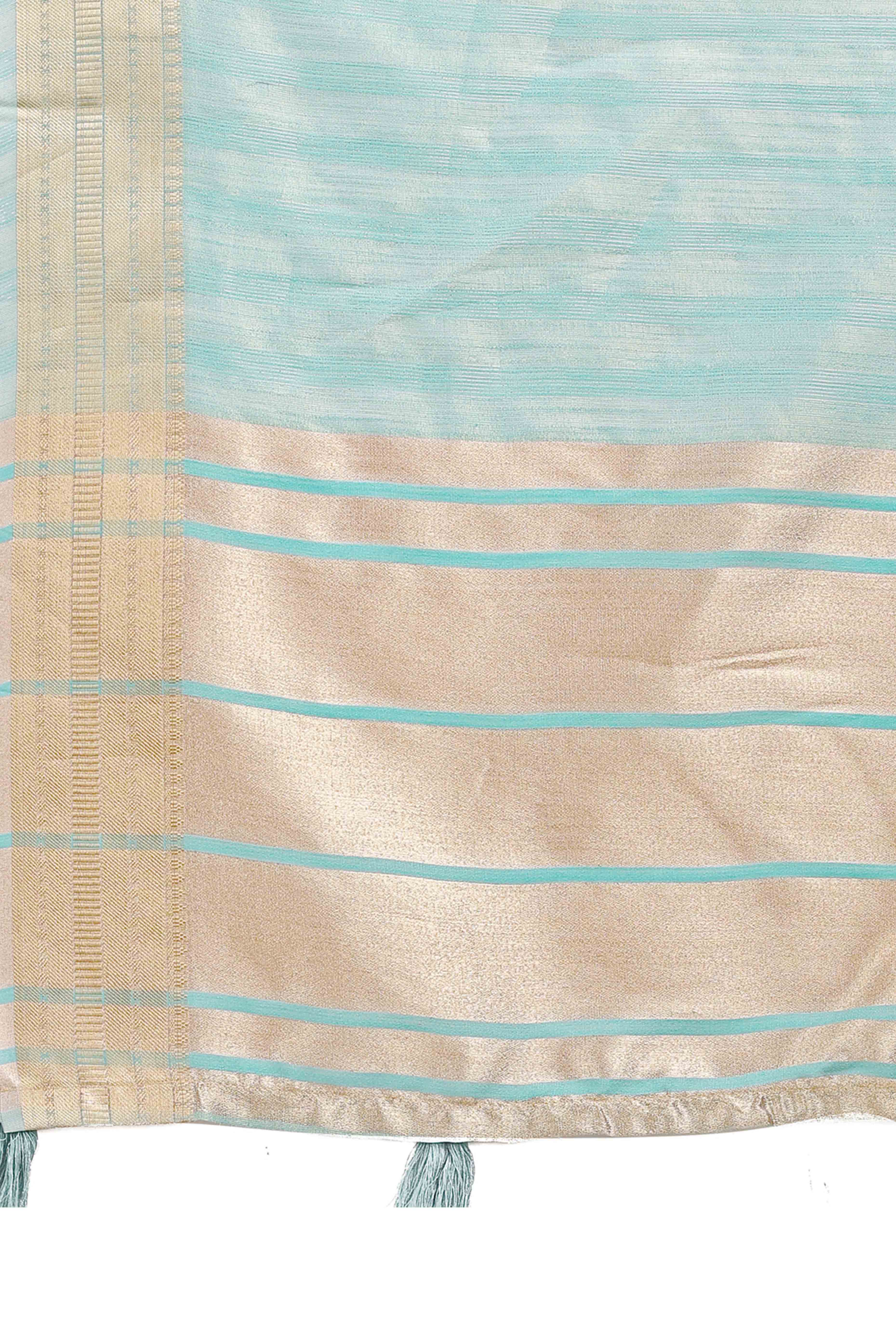 Light Turquoise Organza Saree With Intricate Weave & Elegant Tassel Accents