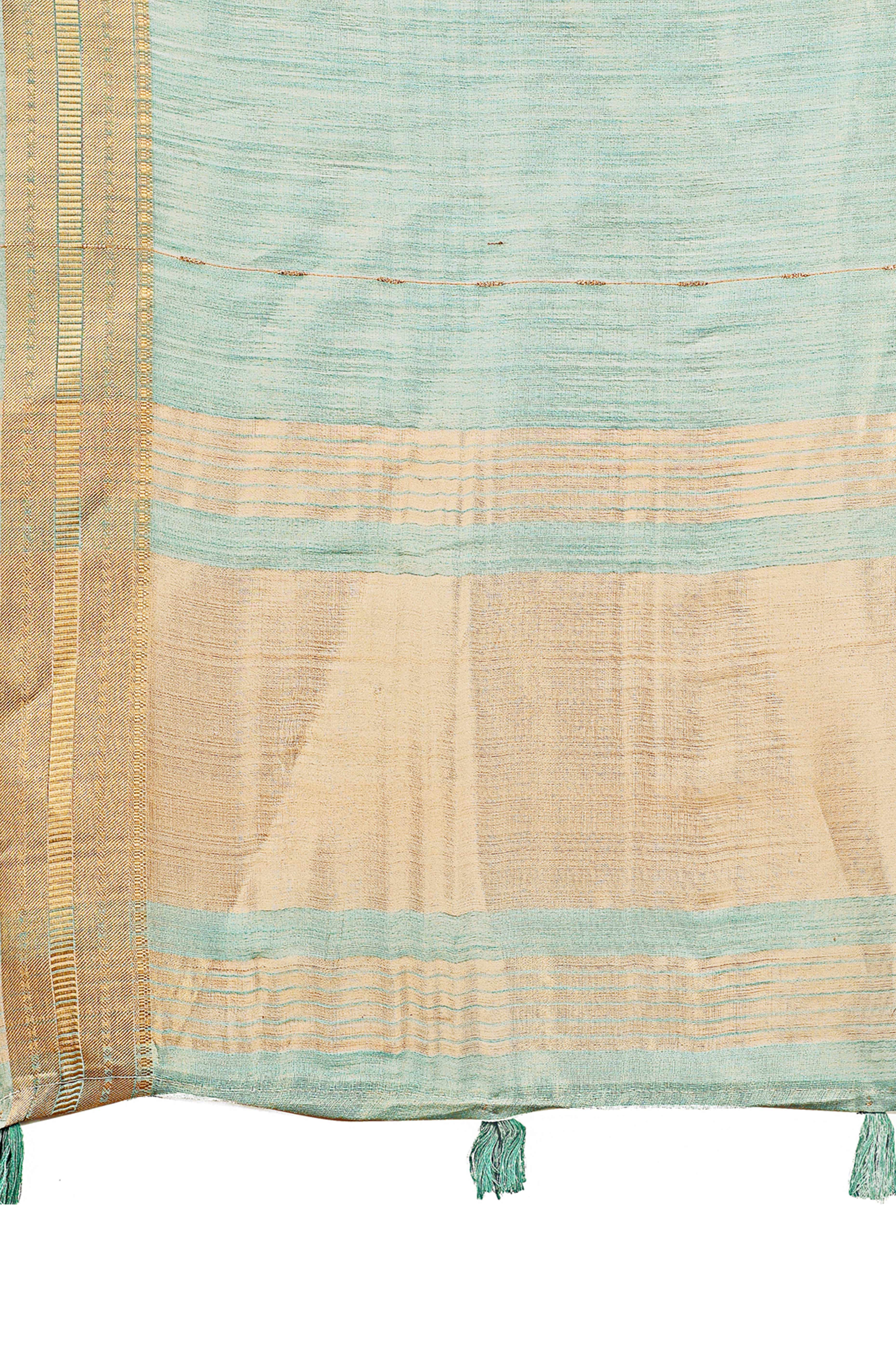 Greyish Blue Organza Saree Adorned With Zari Weave & Tassel Edges