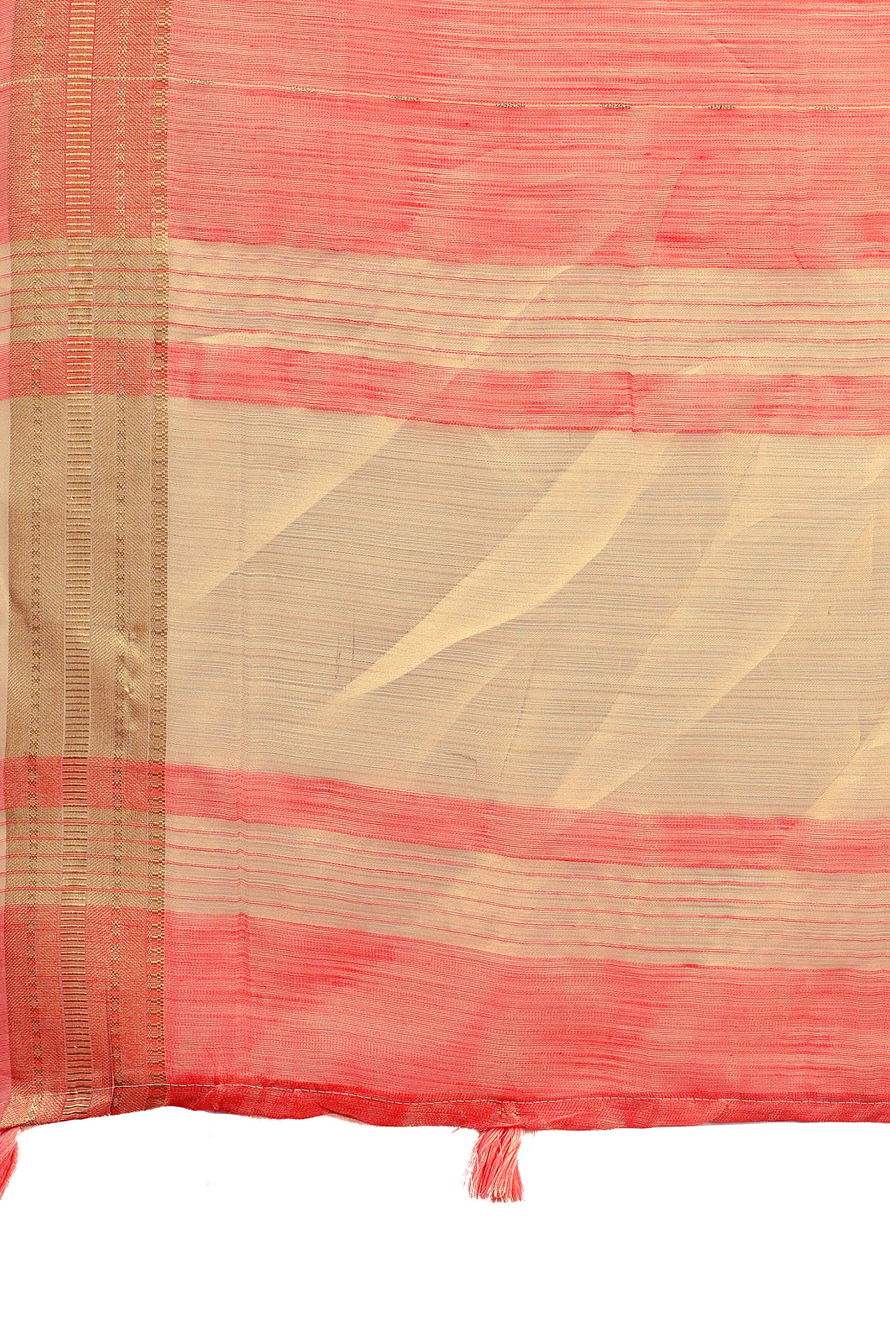 Coral Pink Organza Saree Adorned With Zari Weave & Tassel Edges
