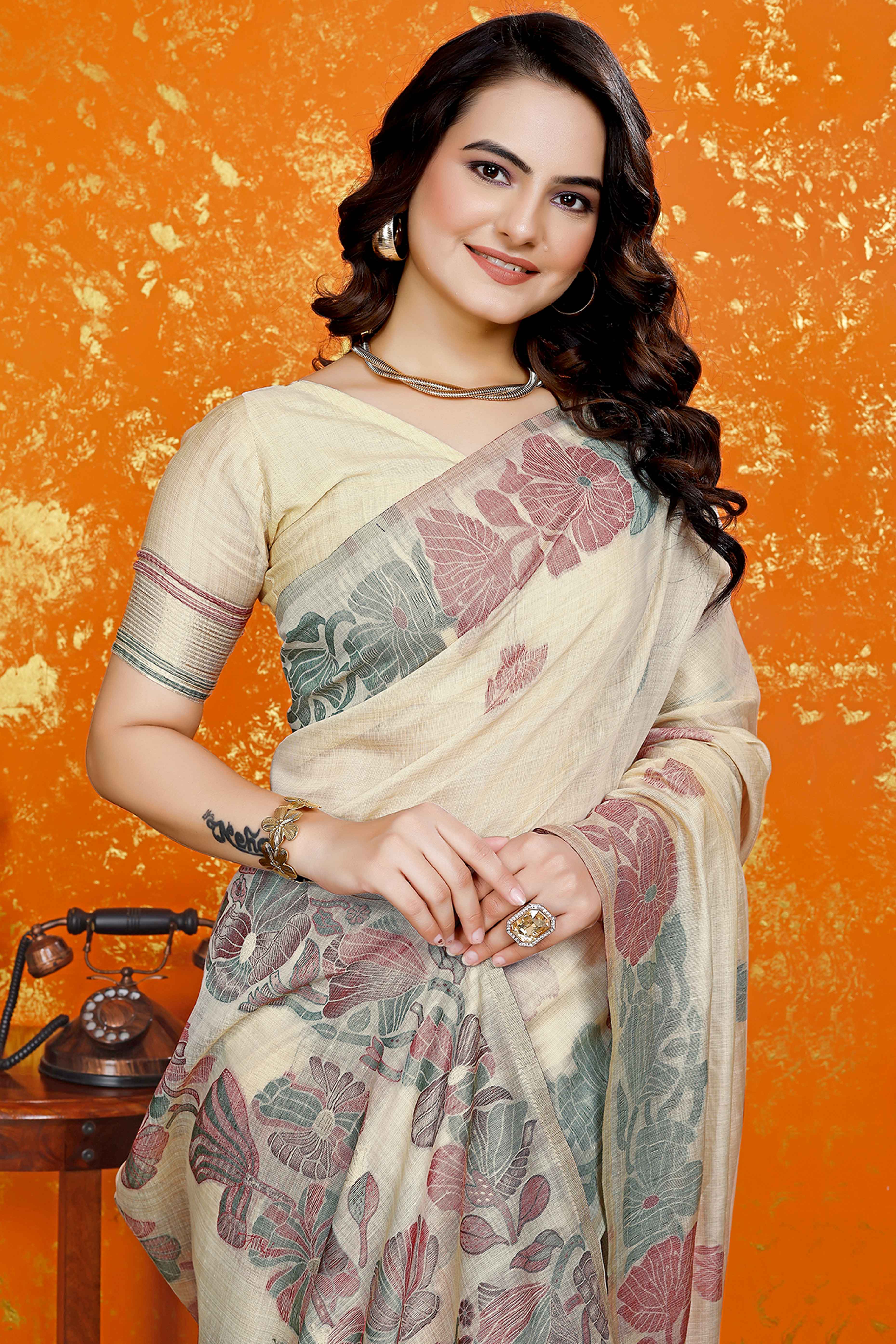 Beige Handwoven Soft Muga Cotton Saree Decorated with Fine Meenakari Weaving Patterns