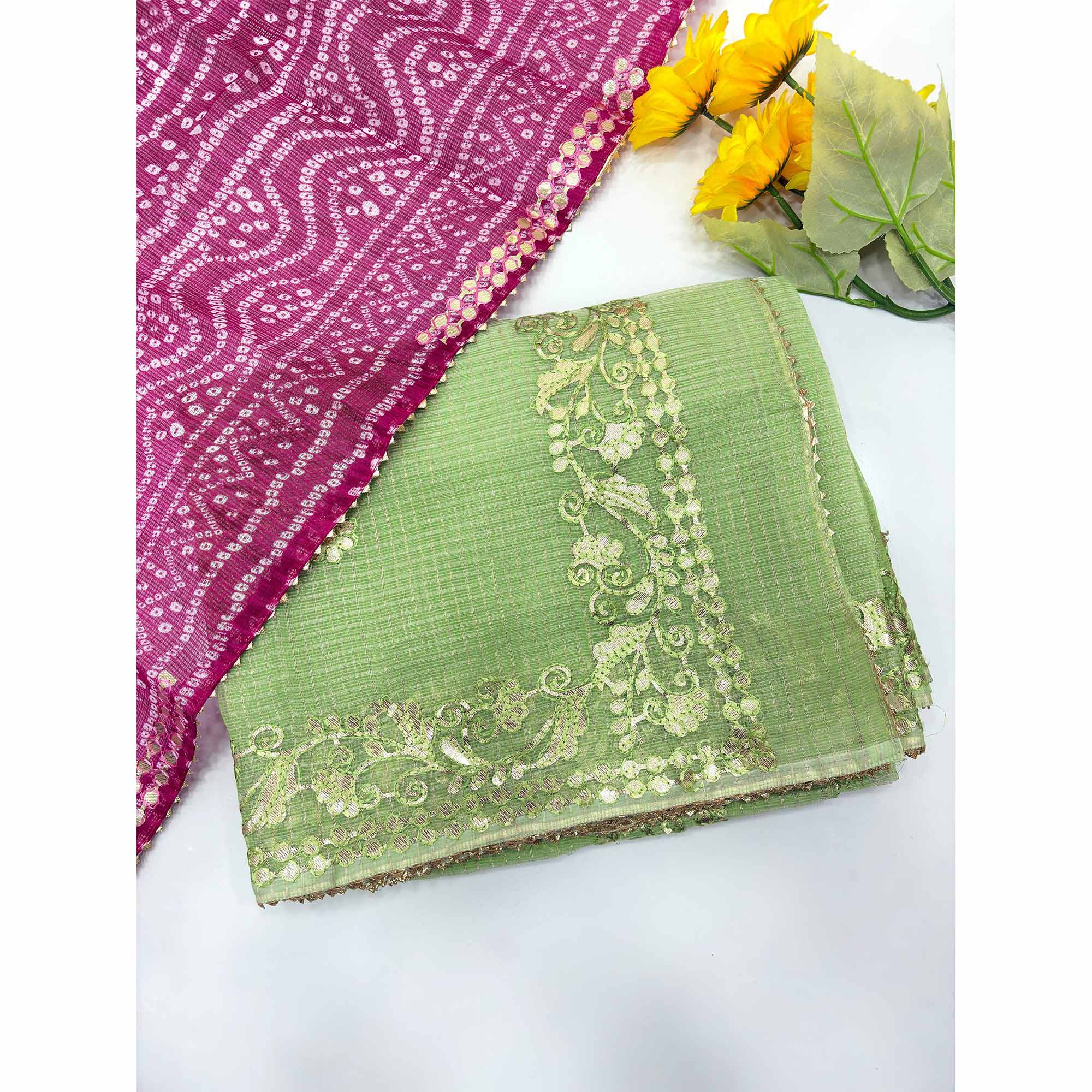 Green Pure Kota Doria Saree Adorned with Exquisite Gota Work Embroidery