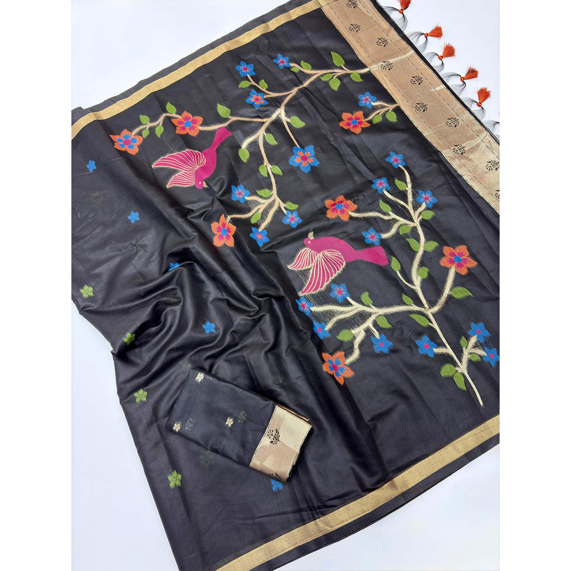 Black Floral Handloom Muga Cotton Silk Saree with Traditional Charm