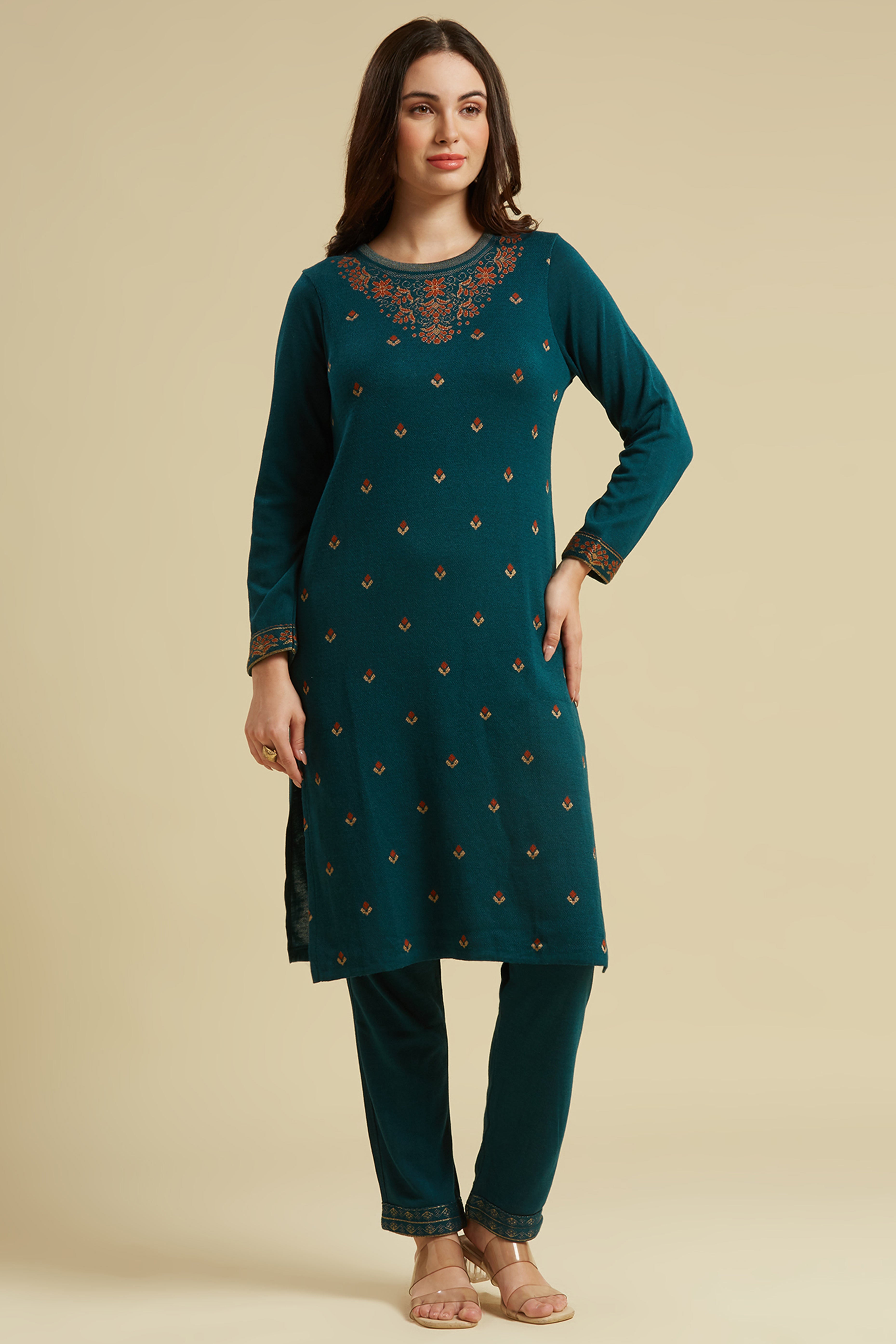 Dark Teal Woolen Straight Kurti