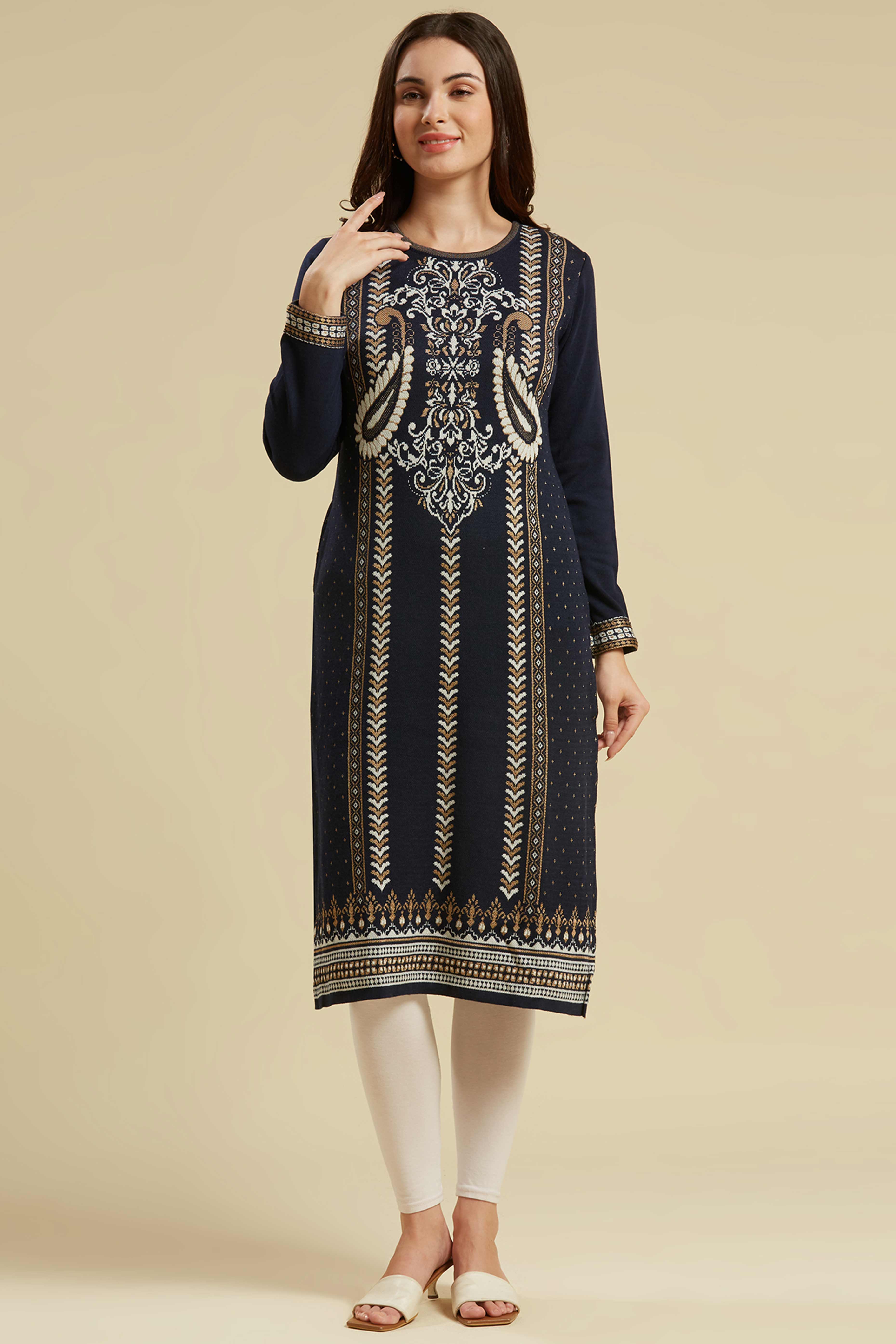Navy Blue Woolen Straight Kurti