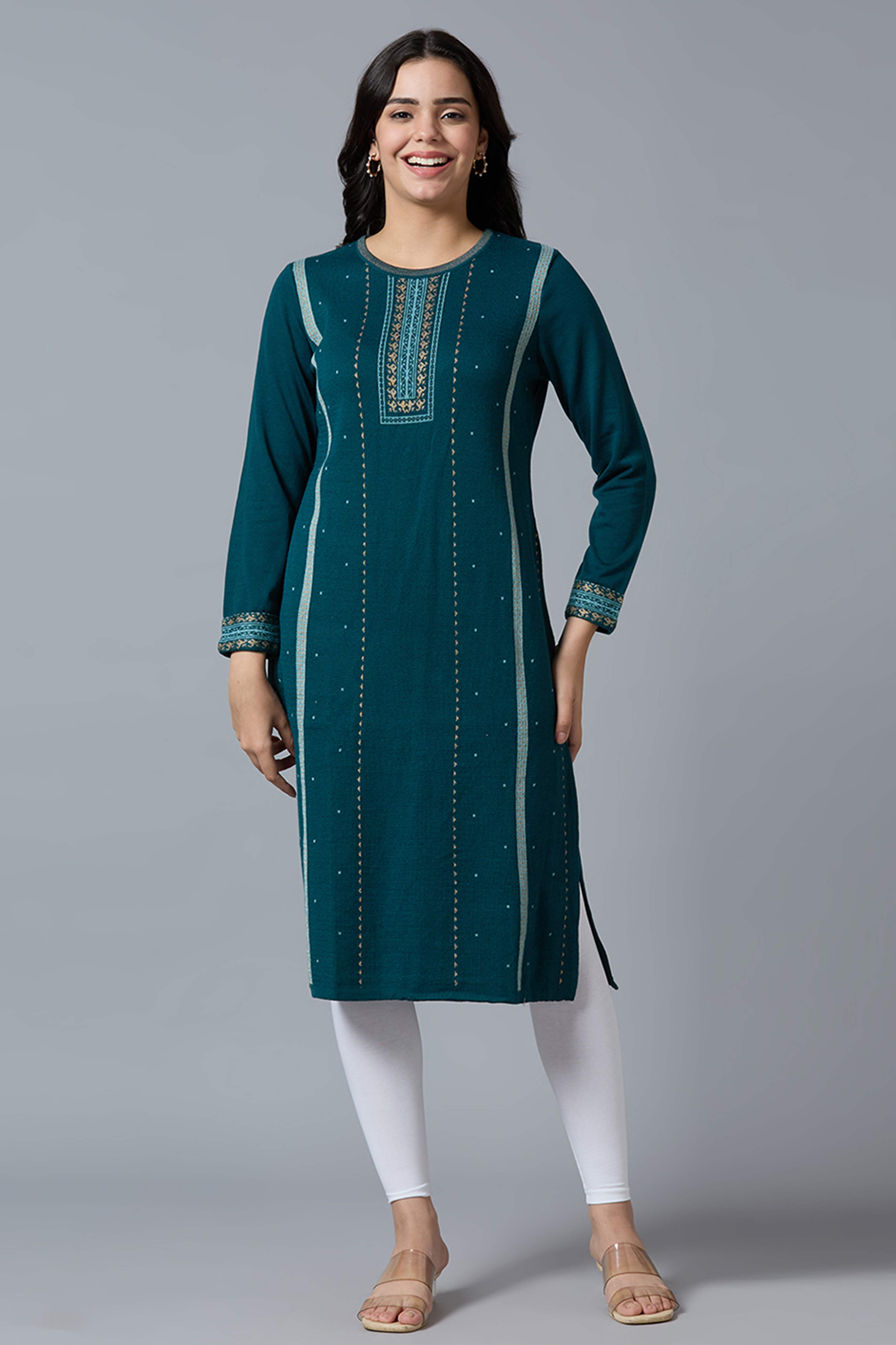 Dark Teal Woolen Straight Kurti
