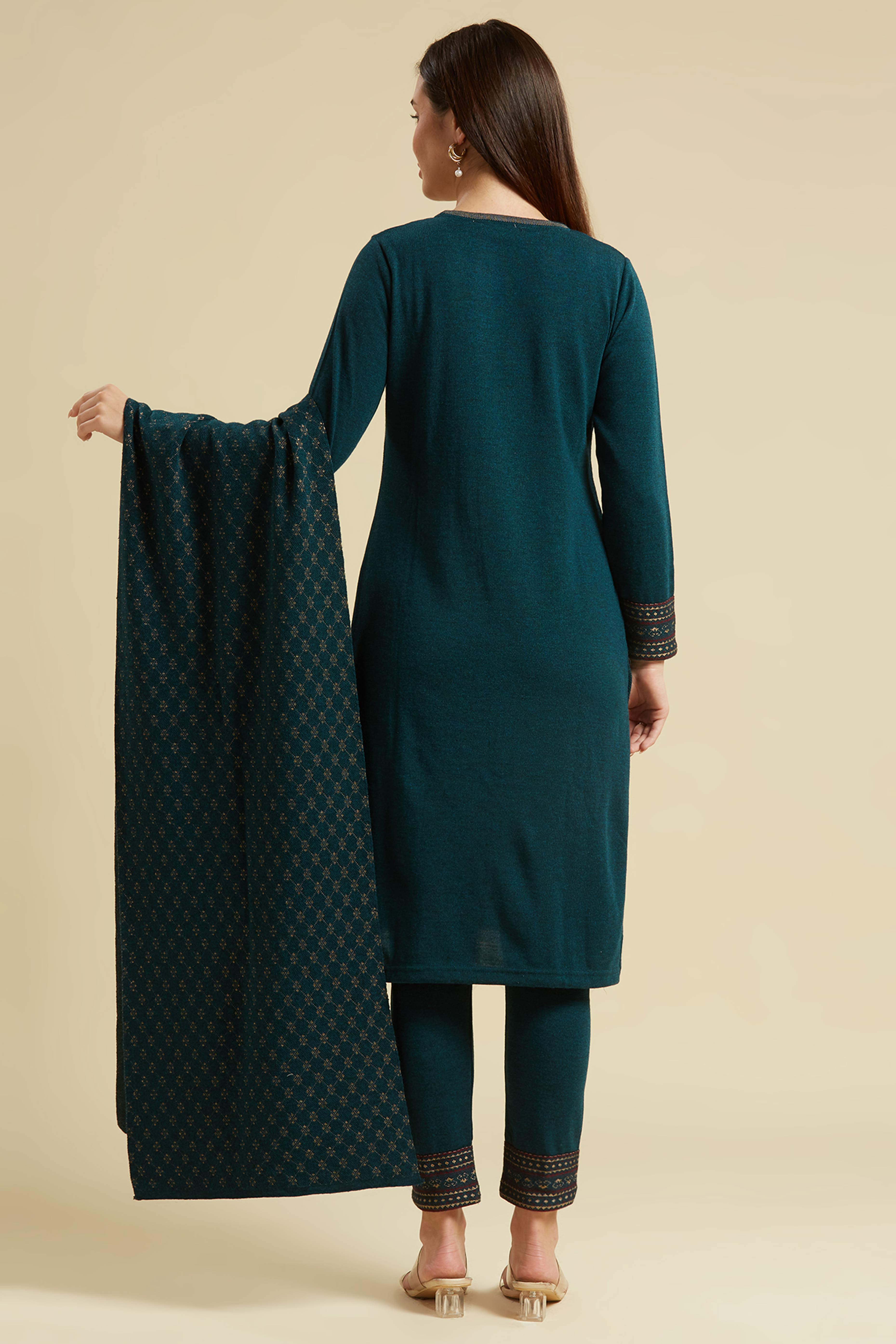 Dark Teal Floral Woolen Salwar Suit