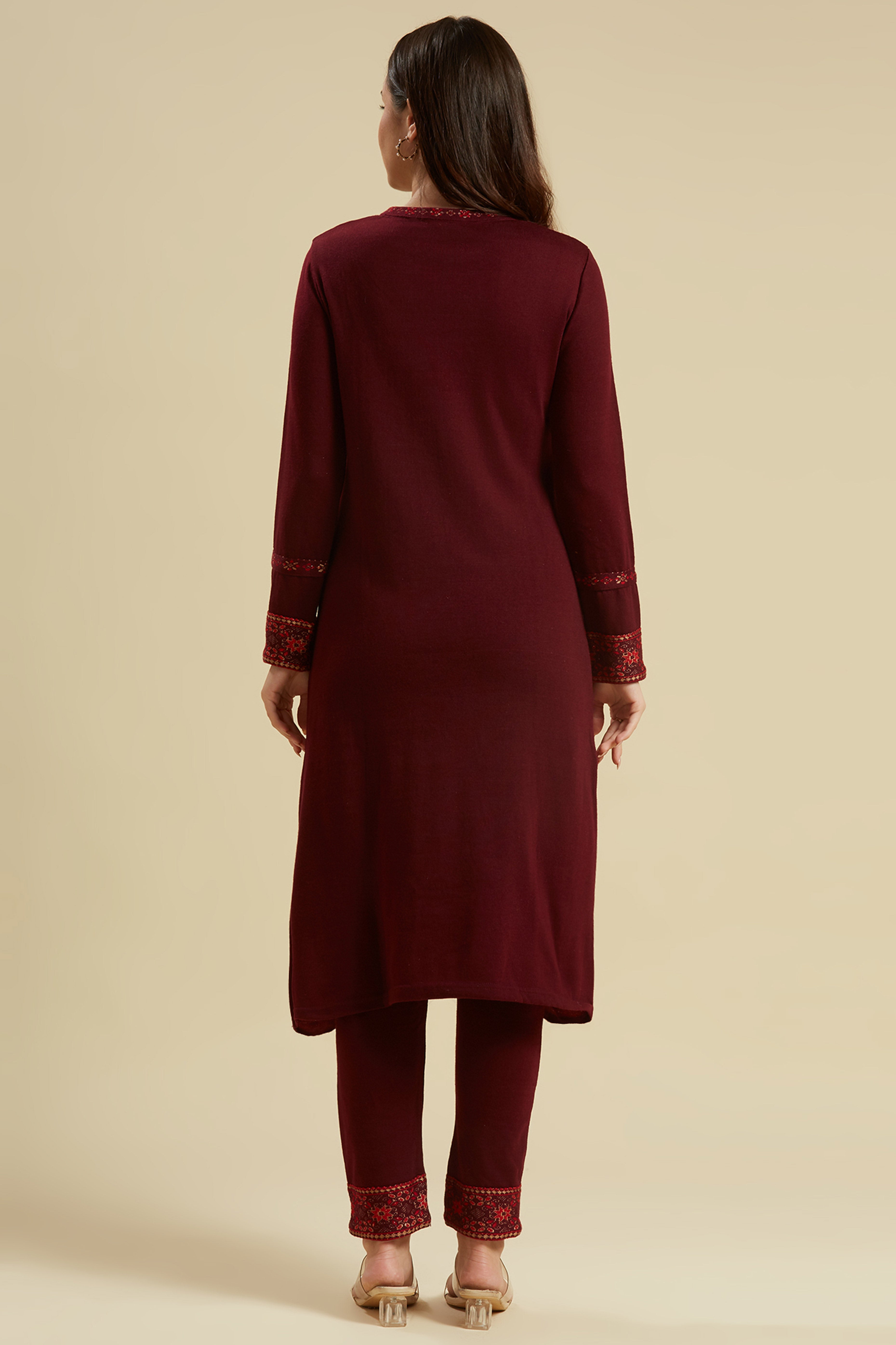 Dark Purple Floral Woolen Top Bottom Set