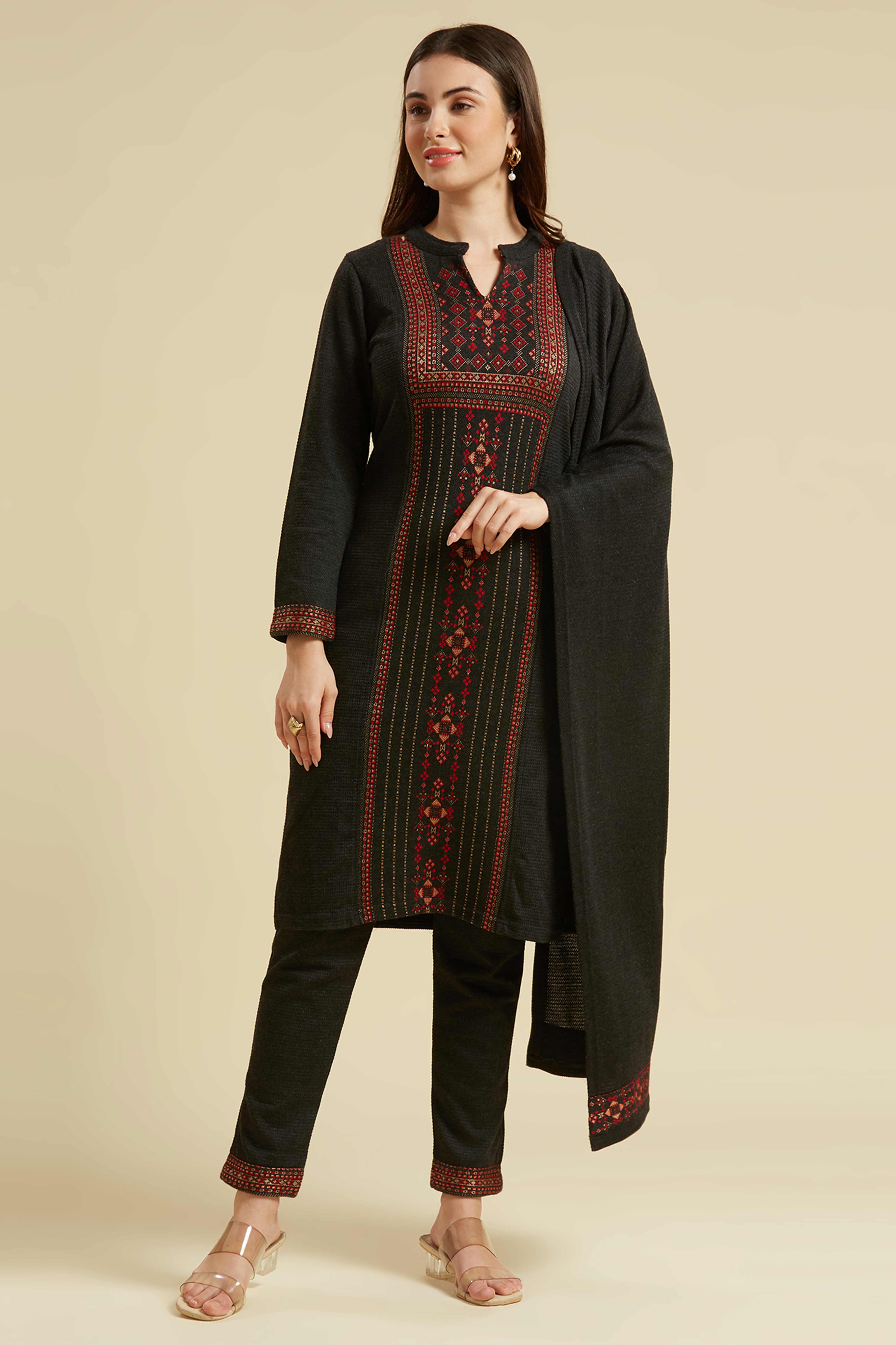 Grey Floral Woolen Salwar Suit